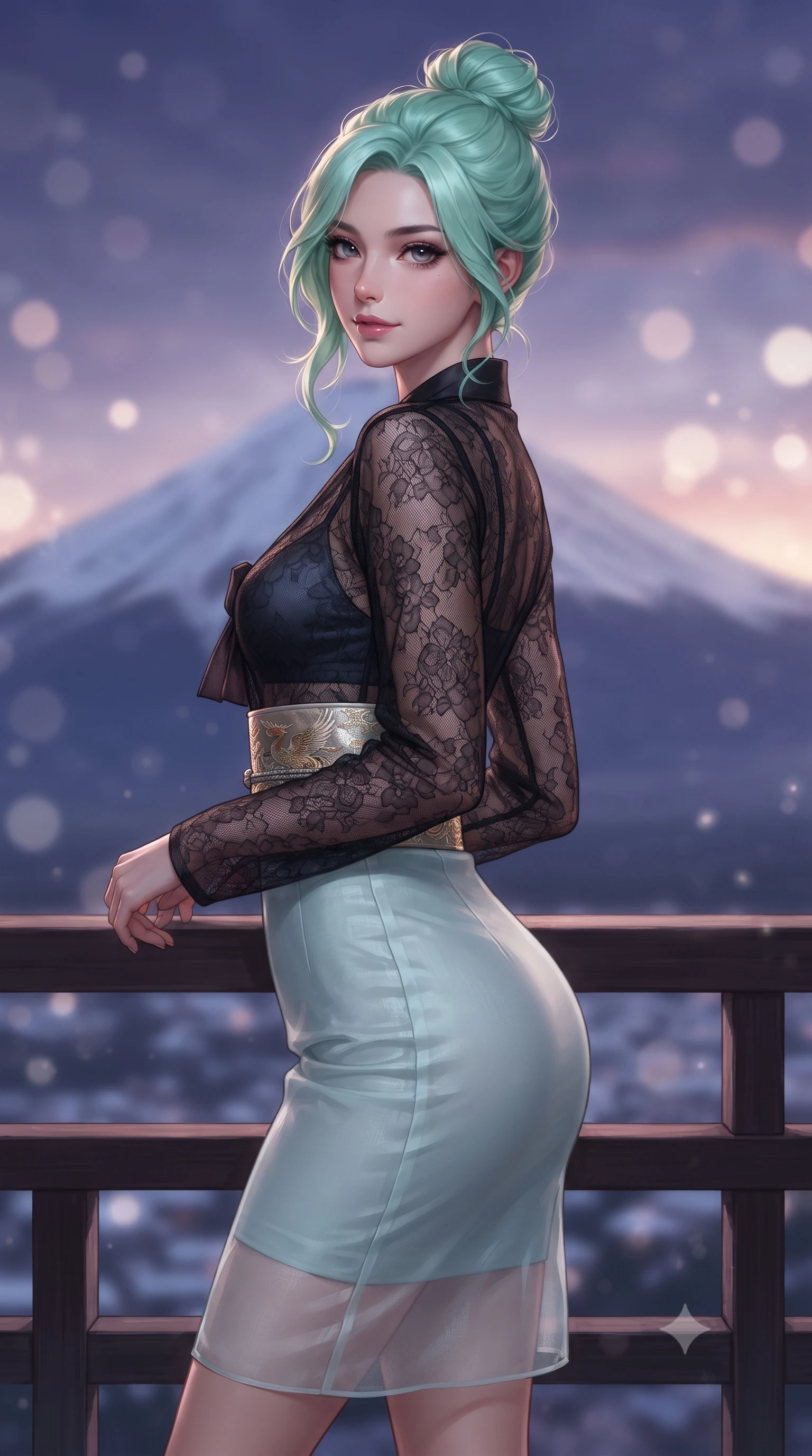 score_9, masterpiece, best quality, ultra-detailed, high-budget anime keyframe, editorial fashion photography, tasteful artistic composition, Japanese woman. close-up cowboy shot from the waist and thighs up, the character dominates the composition, filling the frame with her large presence. turning slowly with a smoldering smile, her glossy dark hair tossing in the evening breeze as her hips angle gracefully in a captivating contrapposto while standing at the cedar onsen railing overlooking the snow-capped peak of Mount Fuji at dusk, arching her spine with serene seductive poise. The background shows a soft-focus the iconic symmetrical snow cone of Mount Fuji and twilight purple alpine sky blurred into indigo, rose-gold, and frosty white bokeh. She has an exceptionally elegant, slender, and willowy female figure with an ultra-slim waist, flat toned midriff, narrow ribcage, and sculpted feminine hips creating an alluring, slim hourglass silhouette without bulk. sharp v-shaped jawline, high-bridge nose, intricate jewel-like dark sparkling almond eyes with depth, thick lashes, glossy parted lips with a natural rose-plum sheen, bright alluring and coquettish smile with bedroom-eyes, exuding both timeless oriental elegance and sovereign high-fashion allure, flawlessly proportioned anatomical accuracy, strict slender model proportions, natural body alignment, perfectly sculpted long slender limbs, ultra-slim waistline, clean dynamic posture without body distortion. wearing a sheer black lace jeogori worn over an opaque dark silk bralette with an ultra-fitted high-waisted pencil skirt in pure celadon porcelain blue and cloud white, tailored from sheer gossamer silk organza with an airy weightless flutter, finished with a wide metallic obi sash with intricate embroidered phoenix motifs, the form-fitting tailored bodice adhering flawlessly to her sculpted flat midriff and slender torso, emphasizing her long leg lines and perfectly proportioned willowy build. illuminated by hot spring water caustics and sharp platinum rim lights carving her razor-sharp jawline, narrow waist, and curvy hips. ultra-reflective glossy finish, specular highlights, rich textural contrasts, high-contrast stereoscopic depth, volumetric dynamic lighting, 2k, ultra detail, master piece, 9:16 ratio