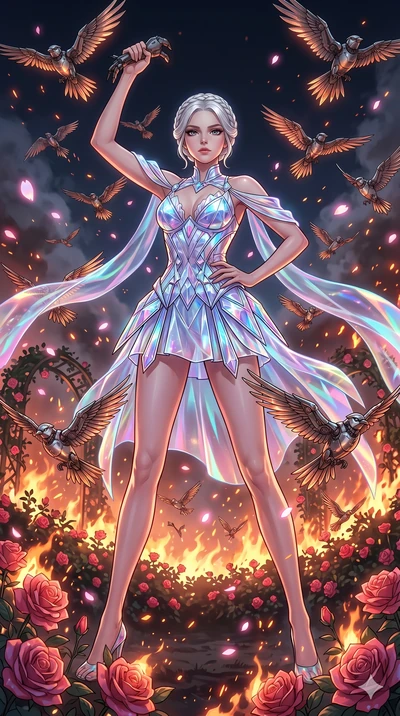 score_9, masterpiece, best quality, ultra-detailed, Set A: High-budget Anime Keyframe, Caucasian (strictly human ears) woman. Low angle cowboy shot filling the entire 9:16 frame with her statuesque presence. Standing victoriously through a burning ro