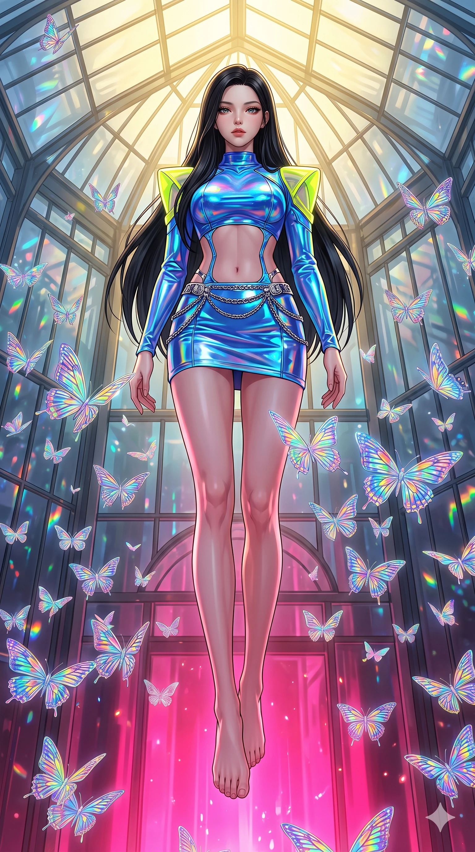 score_9, masterpiece, best quality, ultra-detailed, high-budget anime keyframe, editorial fashion photography, tasteful artistic composition, Korean woman. low angle full-body shot from head to toe showing her feet, filling the entire 9:16 vertical frame with her statuesque presence, stretching her vertical silhouette. floating with ethereal lightness within a soaring glass conservatory filled with thousands of holographic butterflies made of pure structured light their wings projecting miniature rainbow patterns as they flutter in organized swarms. She has a statuesque 8.5-heads proportion, an exceptionally tall, slender and willowy model-like build with impossibly long legs and a highly sculpted ultra-slim waist. sharp v-shaped jawline, high-bridge nose, intricate jewel-like eyes with depth, thick eyelashes, glossy lips with a natural sheen. wearing a holographic mini dress in electric blue, featuring neon yellow shoulder pads, an exposed midriff, and a chrome waist chain. dramatic contrast of hot pink furnace glow from below and cool golden light from above. 2k, ultra detail, master piece, 9:16 ratio