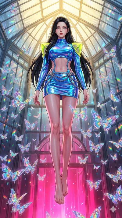 score_9, masterpiece, best quality, ultra-detailed, high-budget anime keyframe, editorial fashion photography, tasteful artistic composition, Korean woman. low angle full-body shot from head to toe showing her feet, filling the entire 9:16 vertical f