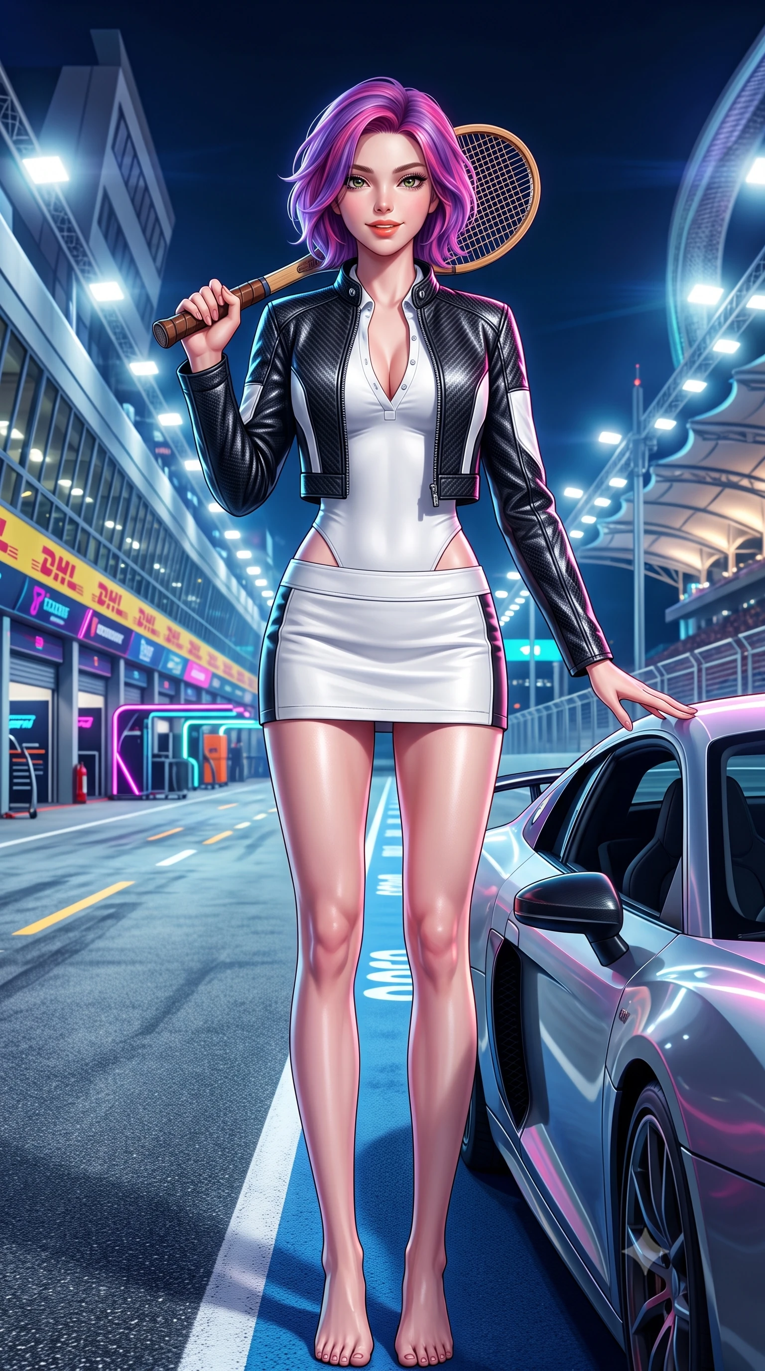 score_9, masterpiece, best quality, ultra-detailed, high-budget anime keyframe, semi-realistic 3D game render, editorial fashion photography, tasteful artistic composition, Caucasian woman. low angle full-body shot from head to toe showing her feet, filling the entire 9:16 vertical frame with her statuesque presence, stretching her vertical silhouette. standing in a tall, confident posture with one hand on the sports car roof, stretching her statuesque body as she arches her lower back to emphasize her sculpted feminine hips and slender waist while standing poised on the illuminated pit wall overlooking the brightly lit pit straight, arching her back with high-octane racing queen glamour. The surrounding environment is rendered in vivid detail and crisp panoramic clarity: detailed racing leather sheen, floodlight specular highlights on skin, and Marina Bay night-circuit architecture in high resolution. She has an absolutely perfect, statuesque 8.5-heads proportion, an exceptionally tall and slender model-like female figure with impossibly long slender legs, an ultra-slim waist, a flat toned midriff, narrow delicate ribcage, and beautifully sculpted feminine hips creating a graceful, slim hourglass silhouette without any bulky heaviness. sharp v-shaped jawline, high-bridge nose, sparkling eyes with athletic focus and depth, thick curled eyelashes, glossy parted lips with a natural coral-peach sheen, bright confident and coquettish smile with alluring bedroom-eyes, exuding both youthful sporty vigor and sovereign high-society glamour, flawlessly proportioned anatomical accuracy, strict slender model proportions, natural body alignment, perfectly sculpted long slender limbs, ultra-slim waistline, clean dynamic posture without body distortion. wearing a cropped leather motorcycle jacket worn over a plunging polo bodysuit and tailored white micro-skirt in dual-tone high-contrast racing monochrome, tailored from lightweight aerodynamic carbon-fiber composite with structured weave, featuring a vintage wooden tennis racket held casually over one shoulder, the form-contouring athletic cut accentuating her sculpted flat midriff, narrow delicate ribcage, and gracefully curvy hips with supermodel precision. bathed in intense, high-contrast track floodlight white and pit-box neon accents. highly saturated vibrant anime colors, detailed shading with soft gradients, rich glossy textures, high-contrast stereoscopic depth, volumetric dynamic lighting, master piece, 9:16 ratio