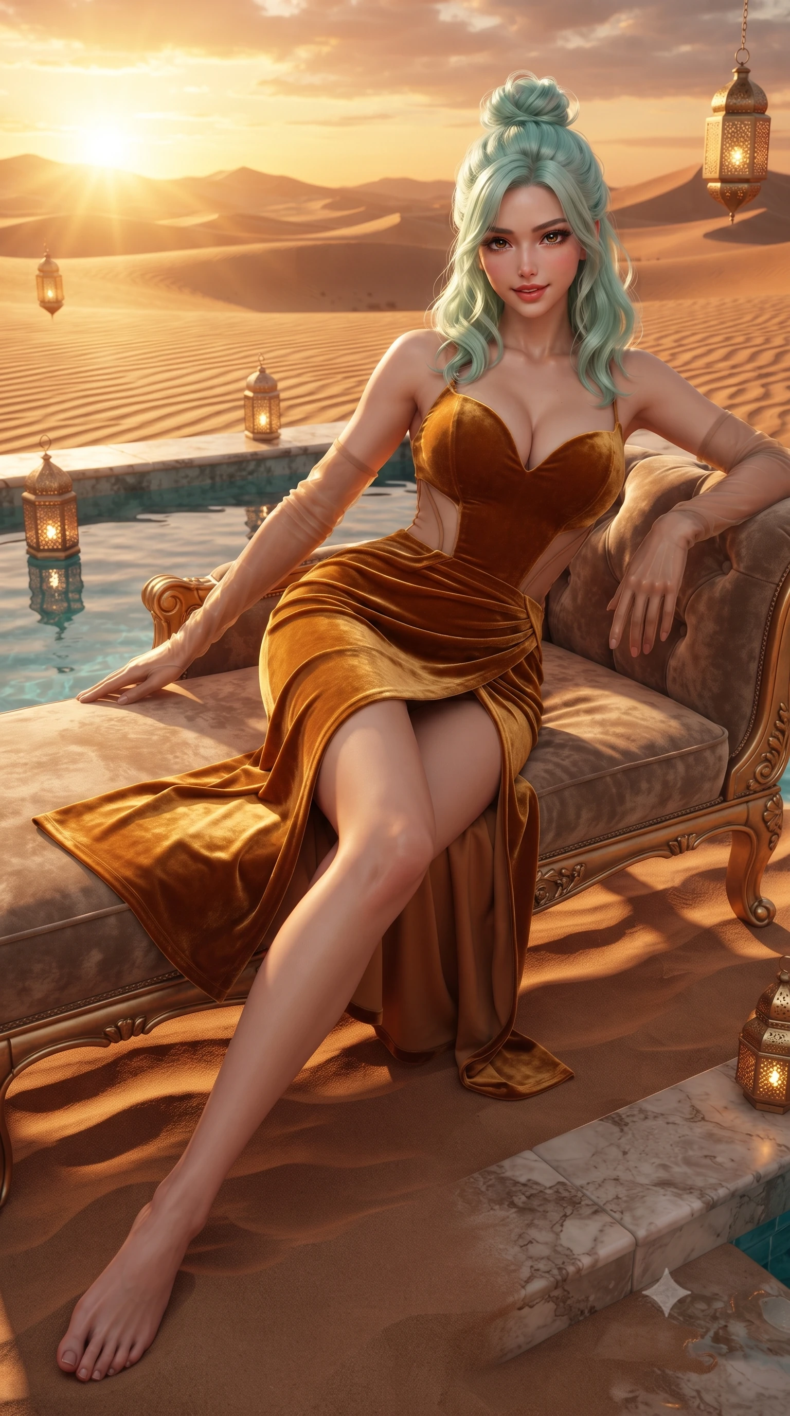 score_9, masterpiece, best quality, ultra-detailed, high-budget anime keyframe, editorial fashion photography, tasteful artistic composition, Japanese woman. low angle full-body shot from head to toe showing her feet, filling the entire 9:16 vertical frame with her statuesque presence, stretching her vertical silhouette. reclining gracefully across the plush chaise lounge with one leg extended, her sculpted silhouette and flat midriff radiating magnetic nocturnal glamour while twisting her slender torso in an alluring S-curve, fiery sunset rays and turquoise pool reflections tracing her narrow waist and curvy hips. The surrounding environment is rendered in vivid detail and crisp panoramic clarity: sharp wind-rippled sand crest ridges, pool marble coping textures, and floating perforated brass lantern engravings in deep focus. She has an absolutely perfect, statuesque 8.5-heads proportion, an exceptionally tall and slender model-like female figure with impossibly long slender legs, an ultra-slim waist, a flat toned midriff, narrow delicate ribcage, and beautifully sculpted feminine hips creating a graceful, slim hourglass silhouette without any bulky heaviness. sharp v-shaped jawline, high-bridge nose, sparkling eyes with hypnotic seductive depth, thick curled eyelashes, glossy parted lips with a natural dewy peach sheen, alluring bedroom-eyes with an enchanting coquettish smile, exuding magnetic siren charisma and sophisticated glamour, flawlessly proportioned anatomical accuracy, strict slender model proportions, natural body alignment, perfectly sculpted long slender limbs, ultra-slim waistline, clean dynamic posture without body distortion. wearing a deep sweetheart-neckline velvet bodycon dress with sheer side-torso cutouts accentuating her hourglass curves in warm amber honey and antique gold leaf, crafted from fluid liquid silk satin that clings smoothly to every curve with a dewy sheen, complemented by sheer opera-length evening gloves tracing her slender arms, the high-slit wrap tailoring accentuating her ultra-slim waistline and the enchanting curve of her feminine hips with alluring seductive charm. bathed in saturated golden-crimson sunset sunlight blazing low across the vast Arabian desert dunes. ultra-reflective glossy finish, specular highlights, rich textural contrasts, high-contrast stereoscopic depth, volumetric dynamic lighting, 2k, ultra detail, master piece, 9:16 ratio