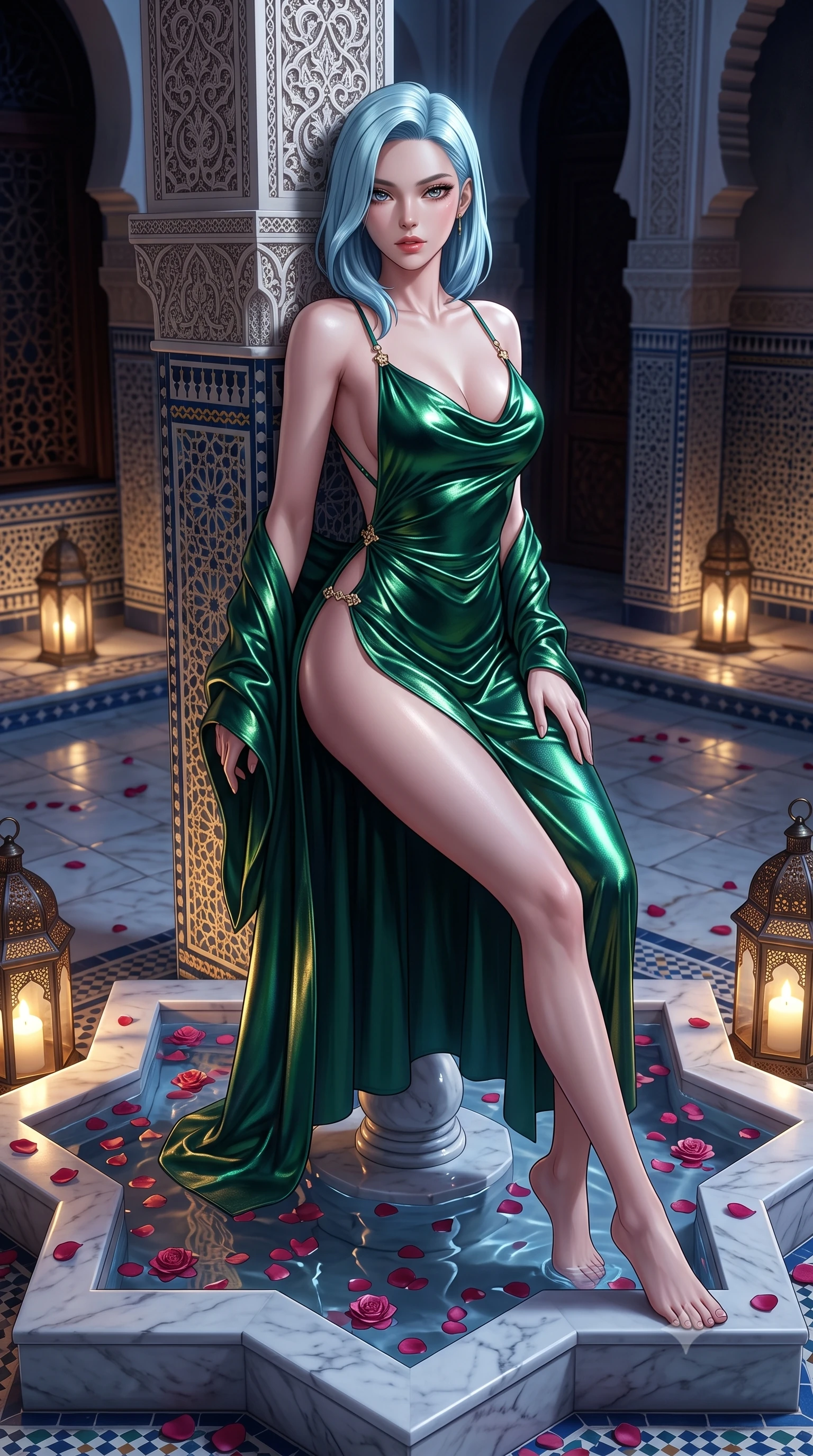 score_9, masterpiece, best quality, ultra-detailed, high-budget anime keyframe, semi-realistic 3D game render, editorial fashion photography, tasteful artistic composition, Korean woman. low angle full-body shot from head to toe showing her feet, filling the entire 9:16 vertical frame with her statuesque presence, stretching her vertical silhouette. leaning deep against the structural architecture with hips cocked in an unapologetically bold, seductive high-fashion stance while sitting on the edge of the central star-shaped marble fountain filled with floating rose petals, arching her lower back as dappled lantern light traces her curves. The surrounding environment is rendered in vivid detail and crisp panoramic clarity. detailed silk caftan sheen, floating rose petal textures, and Moroccan architectural filigree in high resolution. She has an exceptionally tall and slender model-like 8.5-heads proportion, an ultra-slim waist, a flat toned midriff, narrow delicate ribcage, and beautifully sculpted feminine hips creating a graceful, slim hourglass silhouette without any bulky heaviness, with impossibly long slender legs. sharp v-shaped jawline, high-bridge nose, intricate jewel-like eyes with depth, thick eyelashes, glossy parted lips with a natural sheen, intensely captivating and seductive bedroom-eyes expression, flawlessly proportioned anatomical accuracy, strict slender model proportions, natural body alignment, perfectly sculpted long slender limbs, ultra-slim waistline, clean dynamic posture without body distortion. wearing a backless cowl-neck satin slip dress featuring high-cut side hip slits and delicate criss-cross back straps in deep emerald green satin and gold hardware, crafted from luxurious metallic lamé that shifts radiance with every step, finished with an ultra-high side slit secured by miniature jeweled clasps, the precision-cut side openings and low-back scoop framing her graceful spine and the sensual sweep of her slim, toned hips. illuminated by soft ambient courtyard lanterns accentuating her sculpted collarbones, narrow waist, and curvy hips. highly saturated vibrant anime colors, detailed shading with soft gradients, rich glossy textures, high-contrast stereoscopic depth, volumetric dynamic lighting, master piece, 9:16 ratio