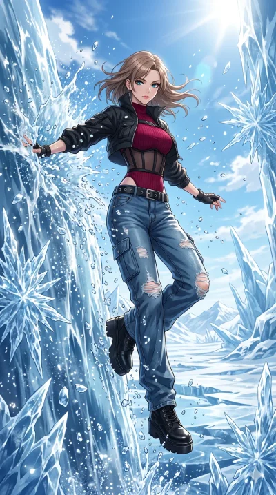 score_9, masterpiece, best quality, ultra-detailed, High-budget Anime Keyframe, beautiful Caucasian anime girl (strictly human ears). Dynamic full-body shot stretching the vertical silhouette with her statuesque presence. Breaking through a wall of w