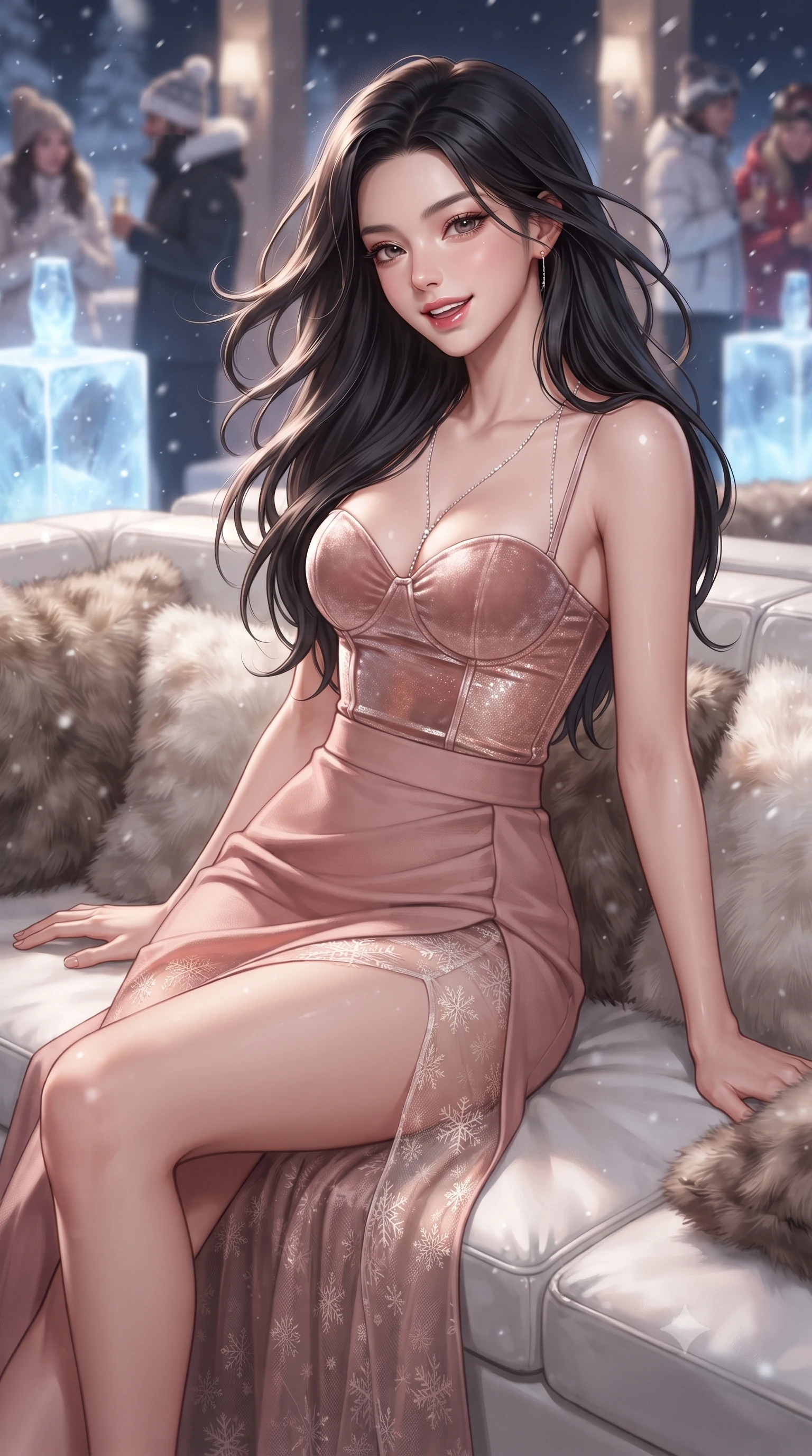 score_9, masterpiece, best quality, ultra-detailed, high-budget anime keyframe, editorial fashion photography, tasteful artistic composition, Korean woman. close-up cowboy shot from the waist and thighs up, the character dominates the composition, filling the frame with her large presence. turning playfully with a bright confident smile, her glossy hair tossing in the mountain breeze as her hips angle gracefully in a captivating contrapposto while lounging in a heated white leather banquette surrounded by fur cushions, flashing a teasing smile with parted glossy lips. The composition keeps background elements in soft focus with dreamy creamy bokeh. sculpted ice pedestals with glowing interior LEDs and stylish ski-chic patrons softened in haute French alpine shallow focus. She has an exceptionally elegant, slender, and willowy female figure with an ultra-slim waist, flat toned midriff, narrow ribcage, and sculpted feminine hips creating an alluring, slim hourglass silhouette without bulk. sharp v-shaped jawline, high-bridge nose, sparkling ice-crystal eyes with depth, frosty thick lashes, glossy parted lips with a rosy berry sheen, bright playful smile with an intoxicating seductive glint, rosy flushed cheeks radiating cozy warmth and dangerous allure, flawlessly proportioned anatomical accuracy, strict slender model proportions, natural body alignment, perfectly sculpted long slender limbs, ultra-slim waistline, clean dynamic posture without body distortion. wearing a sweetheart-neckline velvet bustier top paired with a high-slit wool-crepe maxi skirt in soft blush pink and rose-gold metallic shimmer, crafted from sheer delicate thermal stretch lace with snowflake floral motifs, accented with a delicate crystal body chain catching the snowy ambient light, the form-fitting cut adhering flawlessly to her sculpted flat midriff and slender torso, emphasizing her long leg lines and perfectly proportioned willowy build. illuminated by snow reflection bounce and sharp platinum rim lights sculpting her razor-sharp jawline, narrow waist, and curvy hips. ultra-reflective glossy finish, specular highlights, rich textural contrasts, high-contrast stereoscopic depth, volumetric dynamic lighting, 2k, ultra detail, master piece, 9:16 ratio