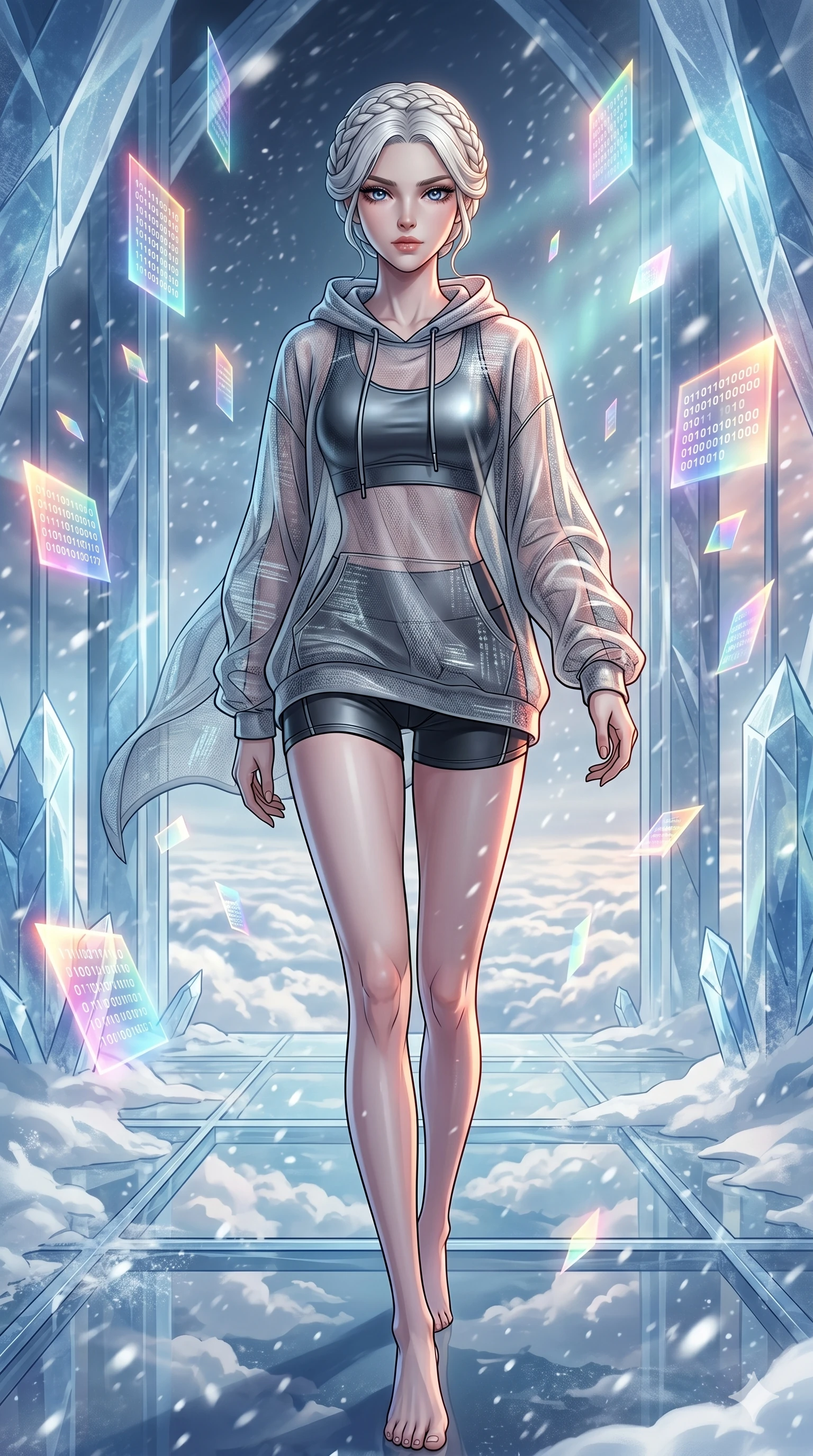 score_9, masterpiece, best quality, ultra-detailed, high-budget anime movie keyframe, cinematic anime lighting, intricate line art, Korean anime girl. Medium shot of upper body capturing the intricate details of her high-fashion attire. walking through a blizzard in a crystal palace above the clouds surrounded by floating data-shards. She has an absolutely perfect 8-heads proportion, an exceptionally tall and slender female figure with an ultra-slim waist and impossibly long slender legs. sharp v-shaped jawline, high-bridge nose, intricate jewel-like eyes, thick eyelashes, glossy lips. Wearing premium athleisure set with a metallic-finish compression top, high-cut yoga shorts that accentuate her long legs, and a sheer oversized hoodie. The scene is illuminated by dramatic atmospheric lighting and vibrant color palettes. 2k, ultra detail, master piece, 9:16 ratio
