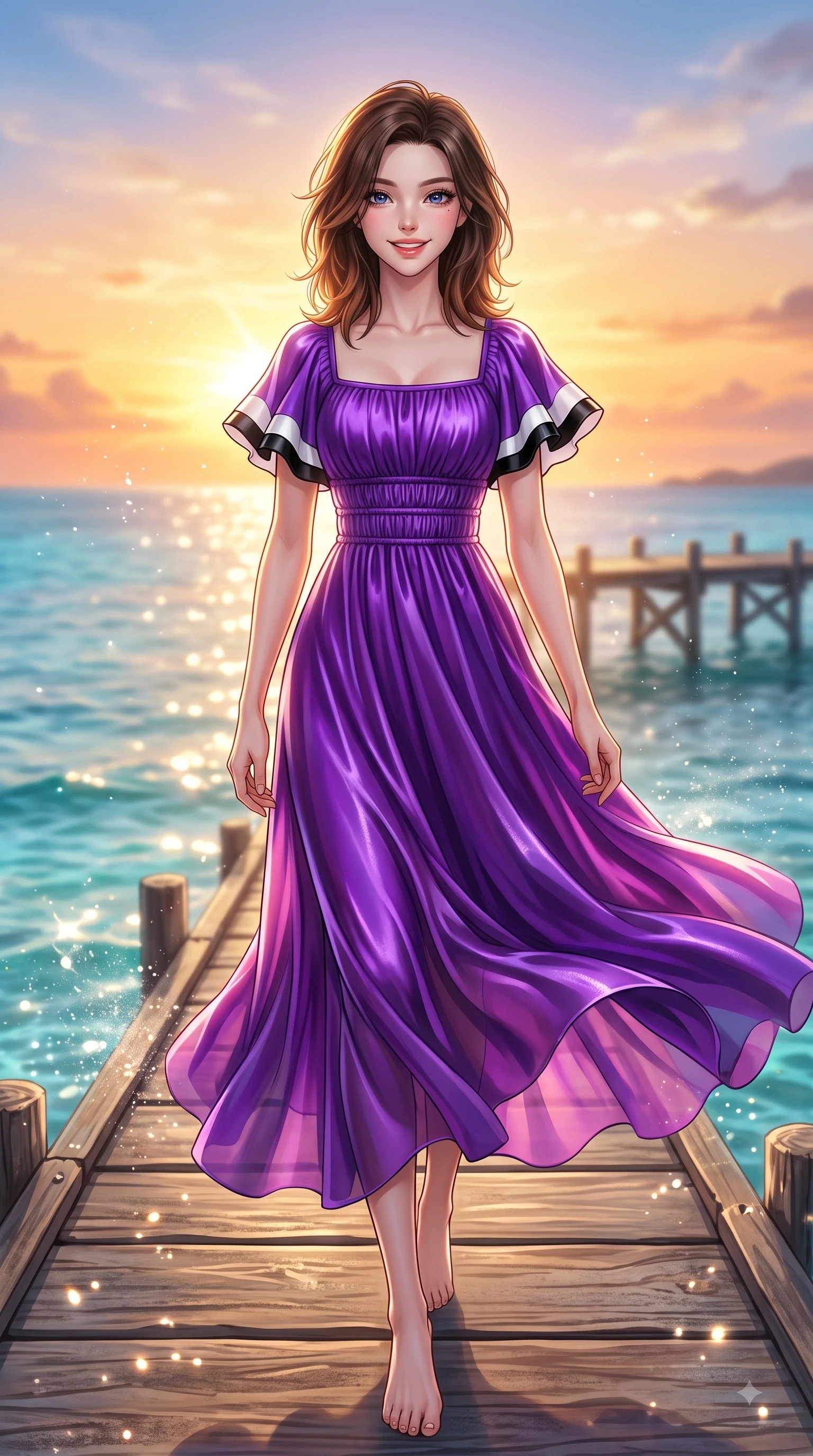 score_9, masterpiece, best quality, ultra-detailed, high-budget anime keyframe, editorial fashion photography, tasteful artistic composition, Korean woman. low angle full-body shot from head to toe showing her feet, filling the entire 9:16 vertical frame with her statuesque presence, stretching her vertical silhouette. Youthful cheerful smile exuding cute playful charm and radiant sparkle in her eyes while walking dynamically along a wooden pier over crystal turquoise ocean waters. The composition keeps background elements in soft focus with dreamy bokeh. sea spray mist particles scattering warm sunset light into a soft backdrop. She has an absolutely perfect, statuesque 8.5-heads proportion, an exceptionally tall and slender model-like female figure with impossibly long slender legs and an ultra-slim waist. sharp v-shaped jawline, high-bridge nose, intricate jewel-like eyes with depth, thick eyelashes, glossy lips with a natural sheen, flawlessly proportioned anatomical accuracy, natural body alignment, perfectly sculpted elegant limbs, clean dynamic posture without body distortion. wearing a vivid violet chiffon gown with delicate smocked details and flutter sleeves in monochrome white and glossy black contrast, made of premium stretch velvet with a rich glossy sheen, featuring elegant flutter sleeves and a graceful square neckline, the fluid drape swaying gracefully with her dynamic editorial movement. bathed in glorious golden hour sunset backlighting and sparkling ocean refractions. highly saturated vibrant anime colors, detailed shading with soft gradients, rich glossy textures, high-contrast stereoscopic depth, volumetric dynamic lighting, master piece, 9:16 ratio
