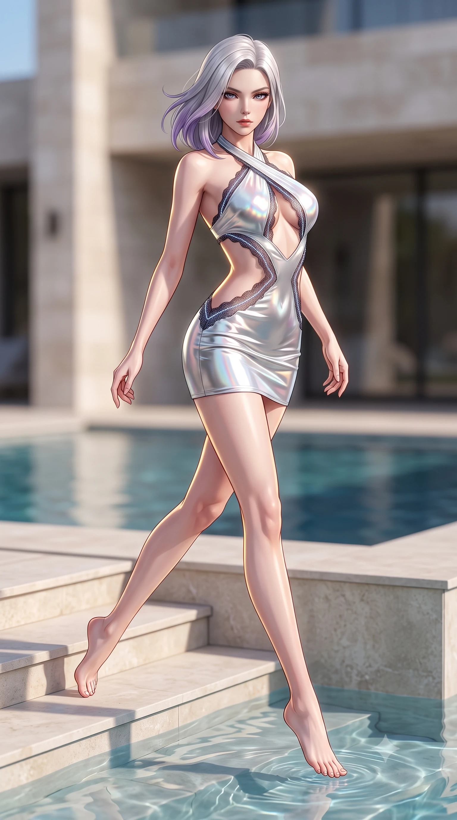 score_9, masterpiece, best quality, ultra-detailed, high-budget anime keyframe, semi-realistic 3D game render, editorial fashion photography, tasteful artistic composition, Caucasian woman. low angle full-body shot from head to toe showing her feet, filling the entire 9:16 vertical frame with her statuesque presence, stretching her vertical silhouette. leaping through mid-air with an athletic yet alluring arch of her spine, her impossibly long slender legs stretched in flawless poise while stepping down stone villa steps into clear pool water with an enticing, dangerous smolder. The composition keeps background elements in soft focus with creamy bokeh. modern limestone villa facades and reflecting pool waters softened in dreamy shallow focus. She has an absolutely perfect, statuesque 8.5-heads proportion, an exceptionally tall and slender model-like female figure with impossibly long slender legs, a toned flat midriff, and an ultra-slim waist. sharp v-shaped jawline, high-bridge nose, intricate jewel-like eyes with depth, thick eyelashes, glossy lips with a natural sheen, flawlessly proportioned anatomical accuracy, strict slender model proportions, natural body alignment, perfectly sculpted long slender limbs, ultra-slim waistline, clean dynamic posture without body distortion. wearing a molten silver liquid-metal mini dress featuring deep side-waist cutouts and a daring crossover halter neckline in glistening liquid pearl white with rainbow opalescence, crafted from delicate dark lace interwoven with luminescent micro-fibers, accented with glowing fiber-optic seams tracing her collarbones and hip curves, the precision-cut daring openings accentuating her delicate midriff, graceful bare collarbones, and ultra-slim feminine waistline. illuminated by crisp golden rim highlights sharply defining her ultra-slim waist and long legs. highly saturated vibrant anime colors, detailed shading with soft gradients, rich glossy textures, high-contrast stereoscopic depth, volumetric dynamic lighting, master piece, 9:16 ratio