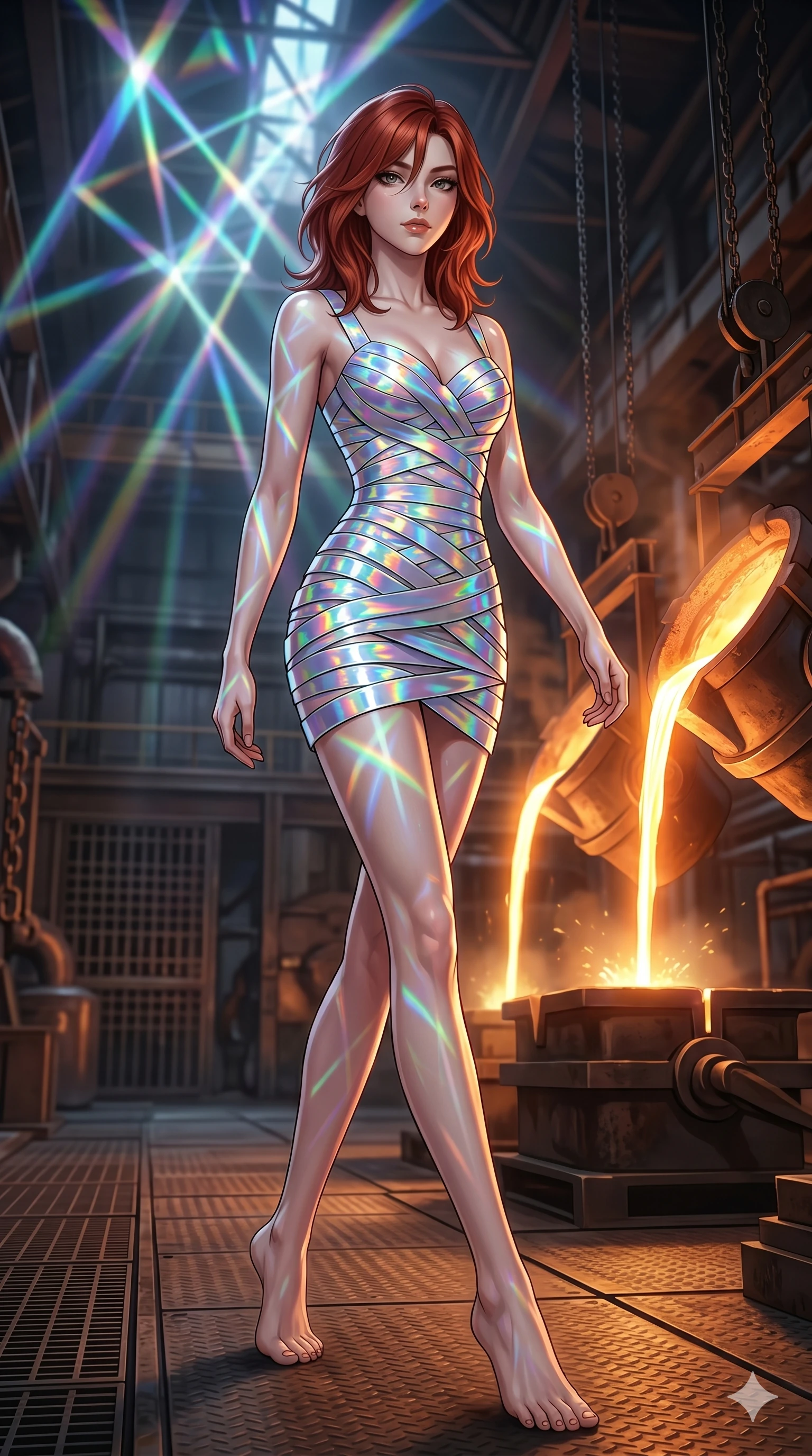 score_9, masterpiece, best quality, ultra-detailed, high-budget anime keyframe, editorial fashion photography, tasteful artistic composition, Korean woman. low angle full-body shot from head to toe showing her feet, filling the entire 9:16 vertical frame with her statuesque presence, stretching her vertical silhouette. Striding confidently forward with elongated powerful stride inside an industrial foundry where giant ladles pour streams of liquid bronze. She has an absolutely perfect 8-heads proportion, an exceptionally tall and slender female figure with impossibly long slender legs and an ultra-slim waist. V-shaped jawline, high-bridge nose, intricate jewel-like eyes with depth, thick eyelashes, glossy lips with a natural sheen. wearing a structured mini dress made of overlapping strips of iridescent holographic ribbon, featuring a sweetheart neckline and a form-fitting shape. lit by mirror-reflected prismatic spotlights creating geometric light patterns that play across her body. 2k, ultra detail, master piece, 9:16 ratio
