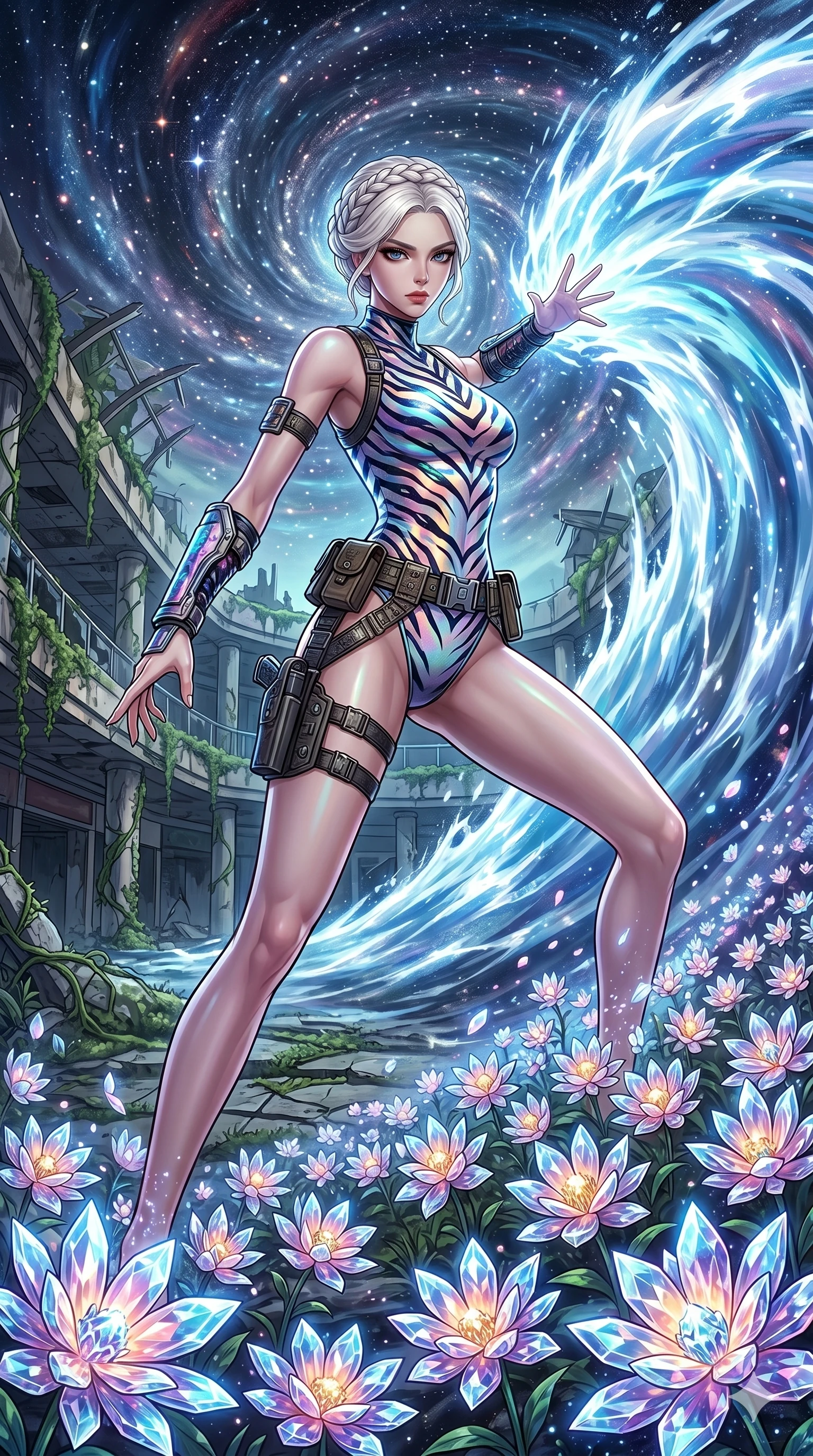 score_9, masterpiece, best quality, ultra-detailed, Set A: High-budget Anime Keyframe, Korean woman. Low angle cowboy shot filling the entire 9:16 frame with her statuesque presence. Theme: Historical Remix. unleashing a massive energy wave in a ruined overgrown shopping mall, while she leaves a trail of 136 blooming crystal flowers. The atmosphere is filled with a swirling vortex of stars. She has an absolutely perfect 8-heads proportion, an exceptionally tall and slender female figure with impossibly long slender legs and an ultra-slim waist. Sharp v-shaped jawline, high-bridge nose, intricate jewel-like eyes with depth, glossy lips. Wearing Holographic tiger-stripe bodysuit with a high-cut leg line and tactical belts. Cinematic lighting, vivid colors, dramatic shadows, 2k, ultra detail, master piece, 9:16 ratio