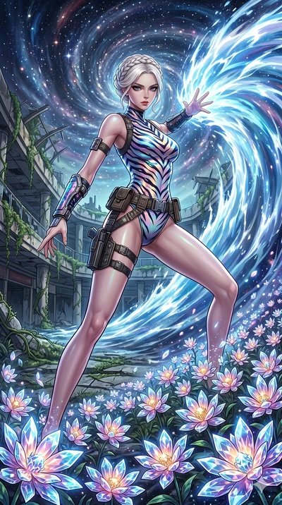 score_9, masterpiece, best quality, ultra-detailed, Set A: High-budget Anime Keyframe, Korean woman. Low angle cowboy shot filling the entire 9:16 frame with her statuesque presence. Theme: Historical Remix. unleashing a massive energy wave in a ruin