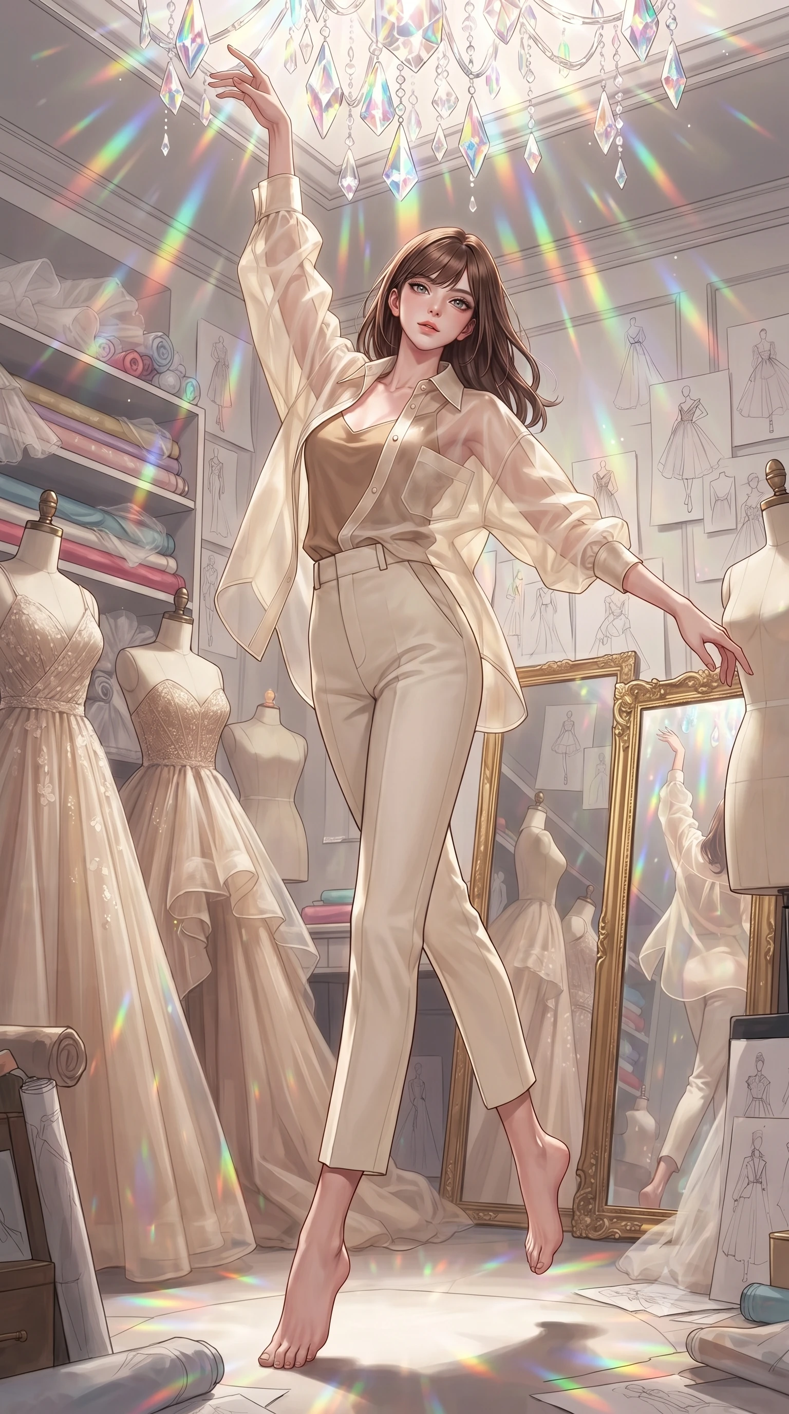score_9, masterpiece, best quality, ultra-detailed, high-budget anime keyframe, editorial fashion photography, tasteful artistic composition, Korean woman. low angle full-body shot from head to toe showing her feet, filling the entire 9:16 vertical frame with her statuesque presence, stretching her vertical silhouette. dancing with weightless grace through a luxury fashion designer's private studio with elegant dress forms draped in half-finished couture gowns bolts of silk and tulle stacked on shelves fashion sketches pinned everywhere and gilt-framed mirrors. She has a statuesque 8.5-heads proportion, an exceptionally tall, slender and willowy model-like build with impossibly long legs and a highly sculpted ultra-slim waist. sharp v-shaped jawline, high-bridge nose, intricate jewel-like eyes with depth, thick eyelashes, glossy lips with a natural sheen. wearing a semi-transparent cream organza oversized shirt layered naturally over a tan-colored camisole top, paired with tailored trousers. cascading rainbow prismatic light refracting through crystal formations overhead. 2k, ultra detail, master piece, 9:16 ratio