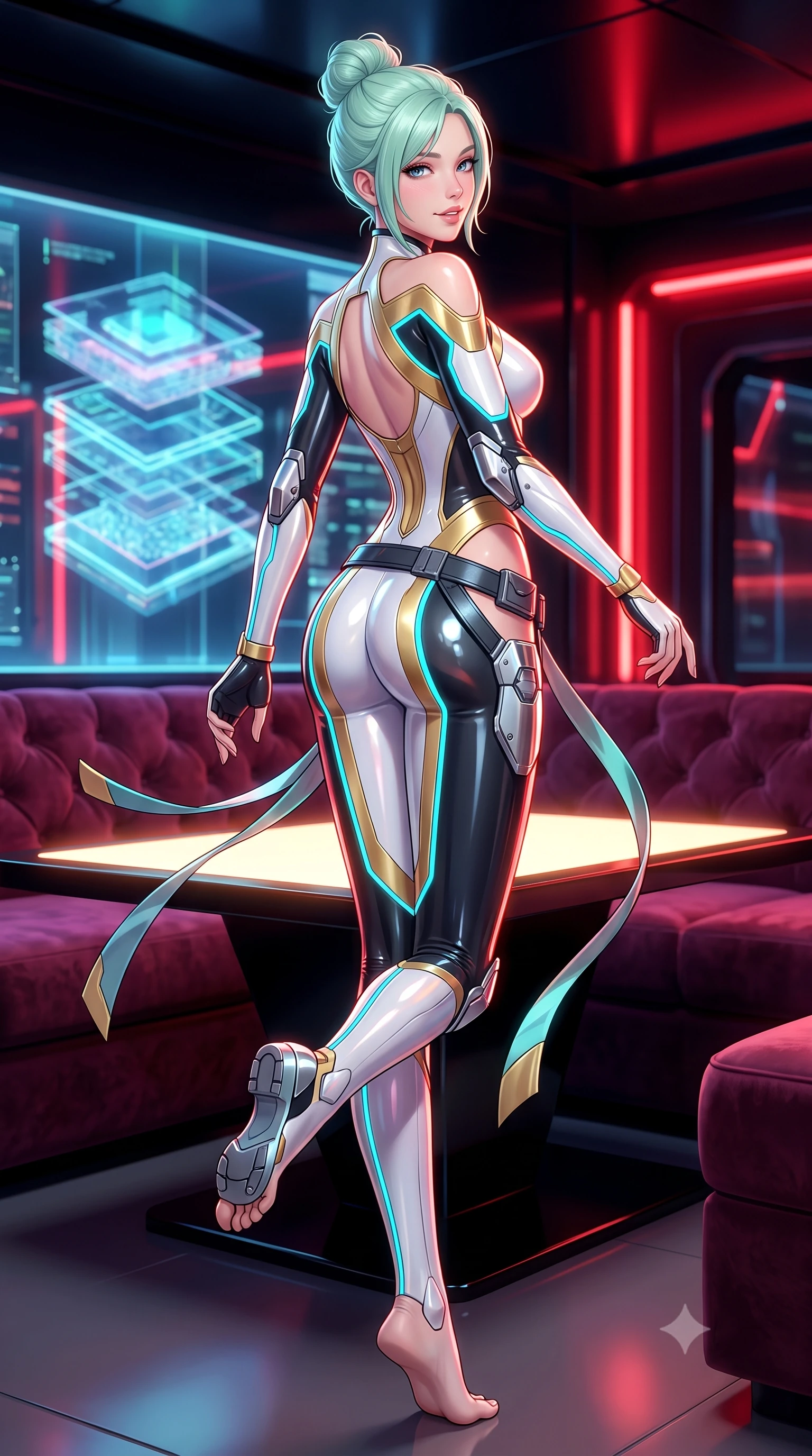 score_9, masterpiece, best quality, ultra-detailed, high-budget anime keyframe, semi-realistic 3D game render, editorial fashion photography, tasteful artistic composition, Japanese woman. low angle full-body shot from head to toe showing her feet, filling the entire 9:16 vertical frame with her statuesque presence, stretching her vertical silhouette. executing a cheerful mid-motion pivot turn as her tactical belt and ribbons flutter around her slender legs, glancing over her shoulder with an intoxicating, teasing bedroom-gaze while lounging in a plush velvet VIP booth propped on one elbow with legs crossed, flashing an intoxicating smile with parted glossy lips. The surrounding environment is rendered in vivid detail and crisp panoramic clarity: sharp holographic chip stack projections, polished black lacquer table reflections, and red neon tube clarity in deep focus. She has an absolutely perfect, statuesque 8.5-heads proportion, an exceptionally tall and slender model-like female figure with impossibly long slender legs, an ultra-slim waist, a flat toned midriff, narrow delicate ribcage, and beautifully sculpted feminine hips creating a graceful, slim hourglass silhouette without any bulky heaviness. sharp v-shaped jawline, high-bridge nose, intricate jewel-like sparkling eyes with depth, thick eyelashes, glossy parted lips with a natural sheen, bright confident smile with an enchanting and coquettish sensual glint, exuding both youthful magnetic charm and sovereign high-tech allure, flawlessly proportioned anatomical accuracy, strict slender model proportions, natural body alignment, perfectly sculpted long slender limbs, ultra-slim waistline, clean dynamic posture without body distortion. wearing a form-fitting white-and-gold zero-gravity EVA jumpsuit with an ultra-slim corseted waist and exposed clavicle line in matte obsidian black and glowing neon cyan trim, tailored from ultra-reflective glossy liquid vinyl with mirror-like specular highlights, accented with strategically placed chrome armor plate guards covering key curves, the precision-cut side openings and low-back scoop framing her graceful spine and the sensual sweep of her slim, toned hips. illuminated by glowing table surfaces and sharp scarlet rim lights carving her sculpted collarbones, ultra-slim waist, and curvy hips. highly saturated vibrant anime colors, detailed shading with soft gradients, rich glossy textures, high-contrast stereoscopic depth, volumetric dynamic lighting, master piece, 9:16 ratio