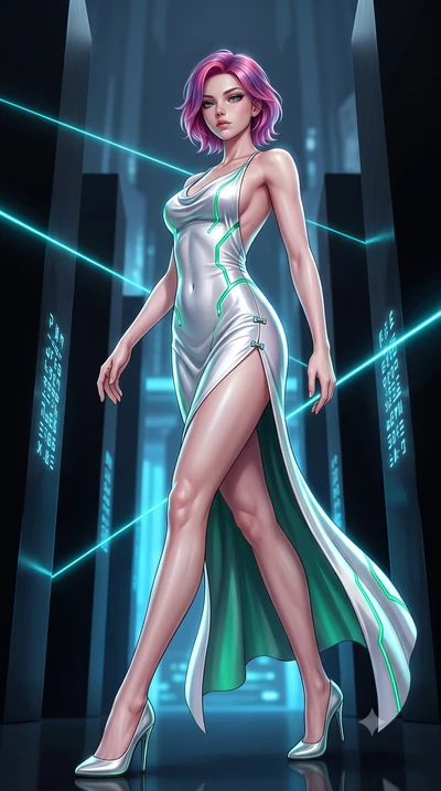 score_9, masterpiece, best quality, ultra-detailed, high-budget anime keyframe, semi-realistic 3D game render, editorial fashion photography, tasteful artistic composition, Caucasian woman. low angle full-body shot from head to toe showing her feet, 