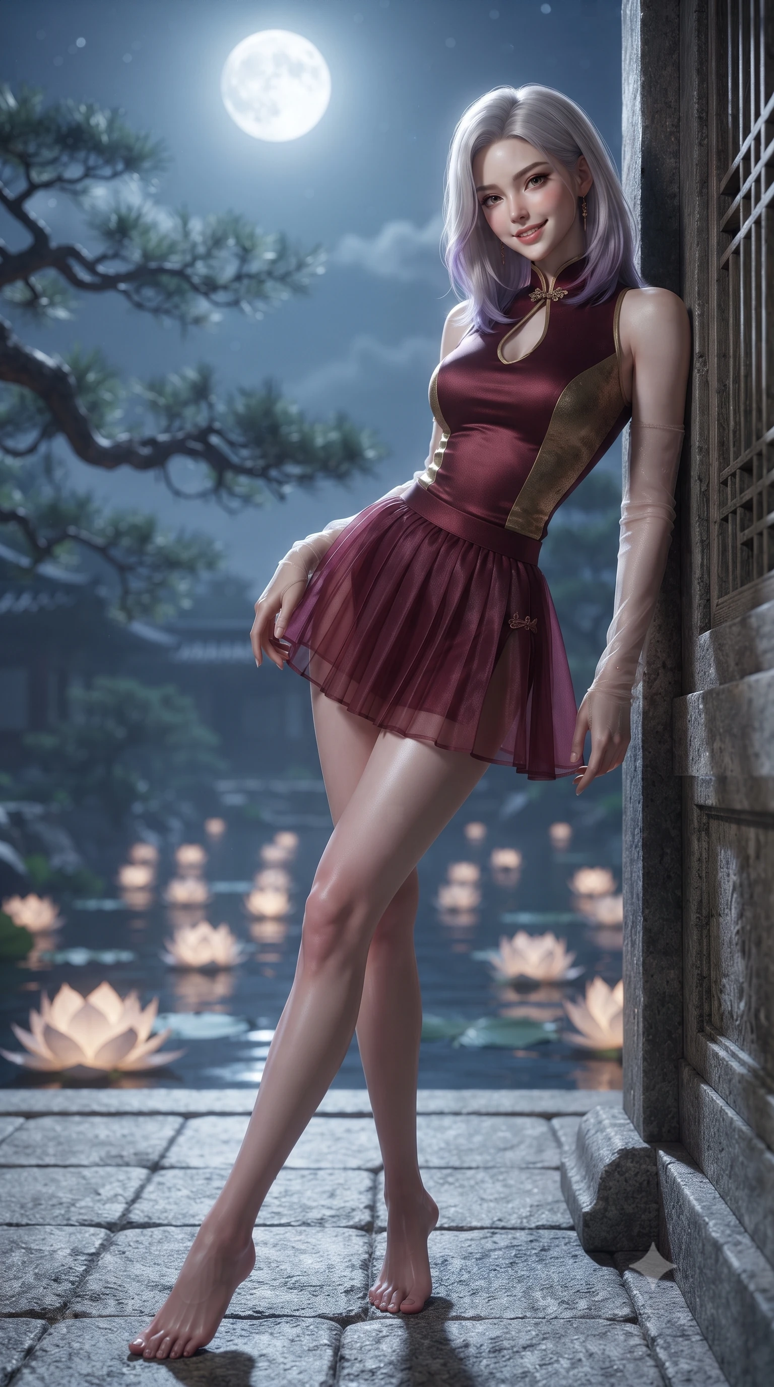 score_9, masterpiece, best quality, ultra-detailed, high-budget anime keyframe, editorial fashion photography, tasteful artistic composition, Caucasian woman. low angle full-body shot from head to toe showing her feet, filling the entire 9:16 vertical frame with her statuesque presence, stretching her vertical silhouette. leaning deep against the ancient temple wall with hips cocked back in an unapologetically alluring high-fashion stance, flashing a warm beaming smile while sitting gracefully on the carved granite terrace of Buyongjeong pavilion above the tranquil lotus pond, arching her back with timeless regal grace under cold moonlight. The background shows a soft-focus ancient gnarled pine branches and floating paper lotus lanterns softened in royal Joseon shallow focus. She has an absolutely perfect, statuesque 8.5-heads proportion, an exceptionally tall and slender model-like female figure with impossibly long slender legs, an ultra-slim waist, a flat toned midriff, narrow delicate ribcage, and beautifully sculpted feminine hips creating a graceful, slim hourglass silhouette without any bulky heaviness. sharp v-shaped jawline, high-bridge nose, intricate jewel-like dark sparkling almond eyes with depth, thick lashes, glossy parted lips with a natural rose-plum sheen, bright alluring and coquettish smile with bedroom-eyes, exuding both timeless oriental elegance and sovereign high-fashion allure, flawlessly proportioned anatomical accuracy, strict slender model proportions, natural body alignment, perfectly sculpted long slender limbs, ultra-slim waistline, clean dynamic posture without body distortion. wearing a sleeveless modern qipao top with an elegant teardrop chest keyhole cutout paired with a curve-hugging pleated mini skirt in deep wine burgundy and brushed antique gold, tailored from sheer gossamer silk organza with an airy weightless flutter, complemented by delicate sheer silk fingerless gloves reaching past her elbows, the precision-cut side hip slits and low-back scoop framing her graceful spine and the sensual sweep of her slim, toned hips. bathed in cold silver moonlight cascading down from a brilliant full moon overhead. ultra-reflective glossy finish, specular highlights, rich textural contrasts, high-contrast stereoscopic depth, volumetric dynamic lighting, 2k, ultra detail, master piece, 9:16 ratio