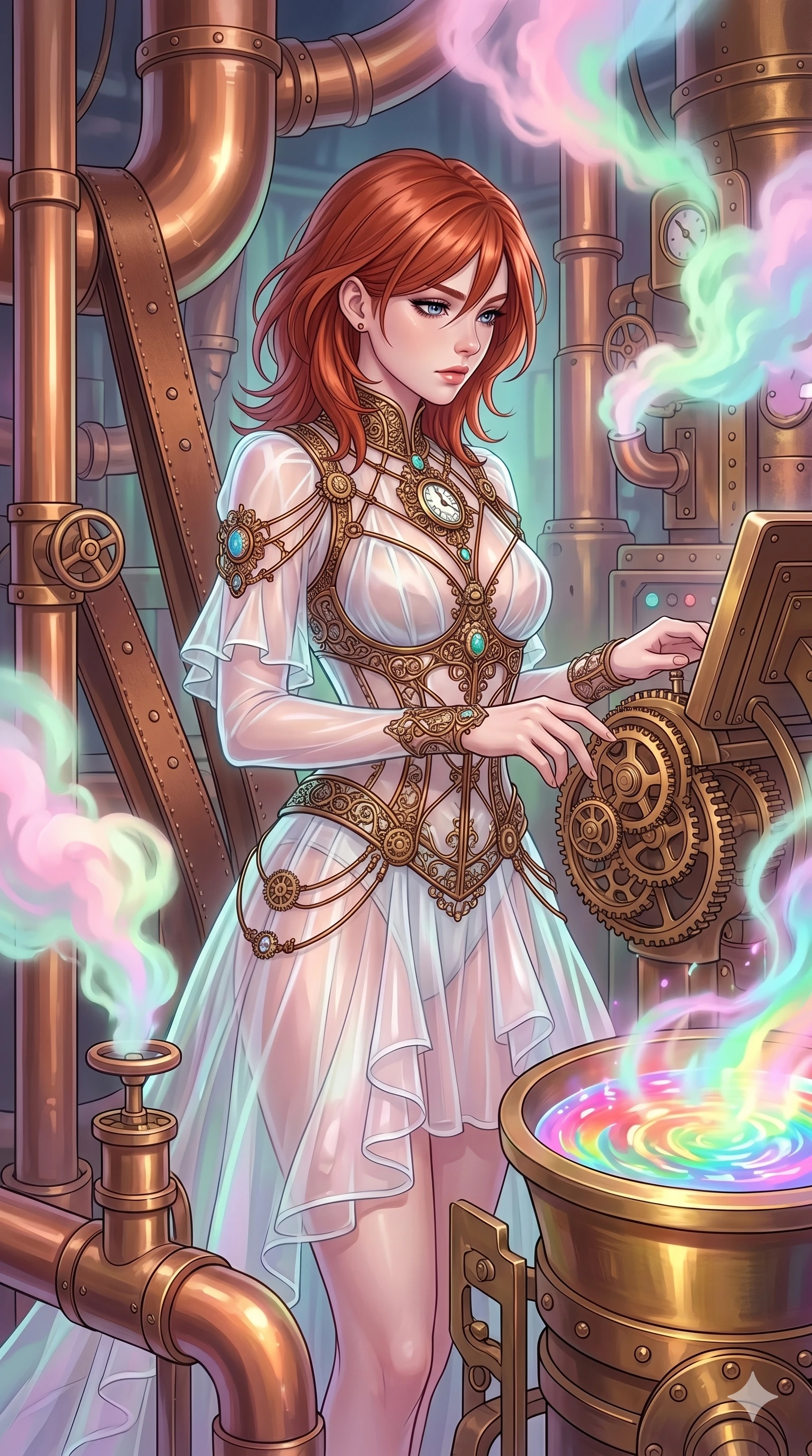 score_9, masterpiece, best quality, ultra-detailed, high-budget anime keyframe, Caucasian woman, strictly human ears. upper body close-up from the thighs up, character filling the screen for maximum presence. operating a steampunk aurora foundry surrounded by massive copper pipes and leather belts, where pastel aurora gas billows from valves and liquid rainbow energy boils in a crucible. She has an absolutely perfect 8-heads proportion, an exceptionally tall and slender female figure with impossibly long slender legs and an ultra-slim waist. V-shaped jawline, high-bridge nose, intricate jewel-like eyes with depth, thick eyelashes, glossy lips with a natural sheen.. wearing a chrono-gear wire harness couture, featuring micro-bronze gear wire harness cinching her waist, over a sheer white organza dress. enhanced by a luminous pastel spectrum glow, casting elegant rim lights on her shoulders and jawline. 2k, ultra detail, master piece, 9:16 ratio