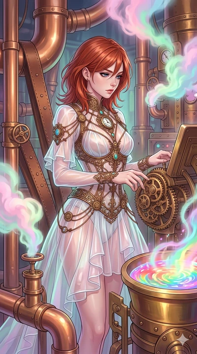 score_9, masterpiece, best quality, ultra-detailed, high-budget anime keyframe, Caucasian woman, strictly human ears. upper body close-up from the thighs up, character filling the screen for maximum presence. operating a steampunk aurora foundry surr