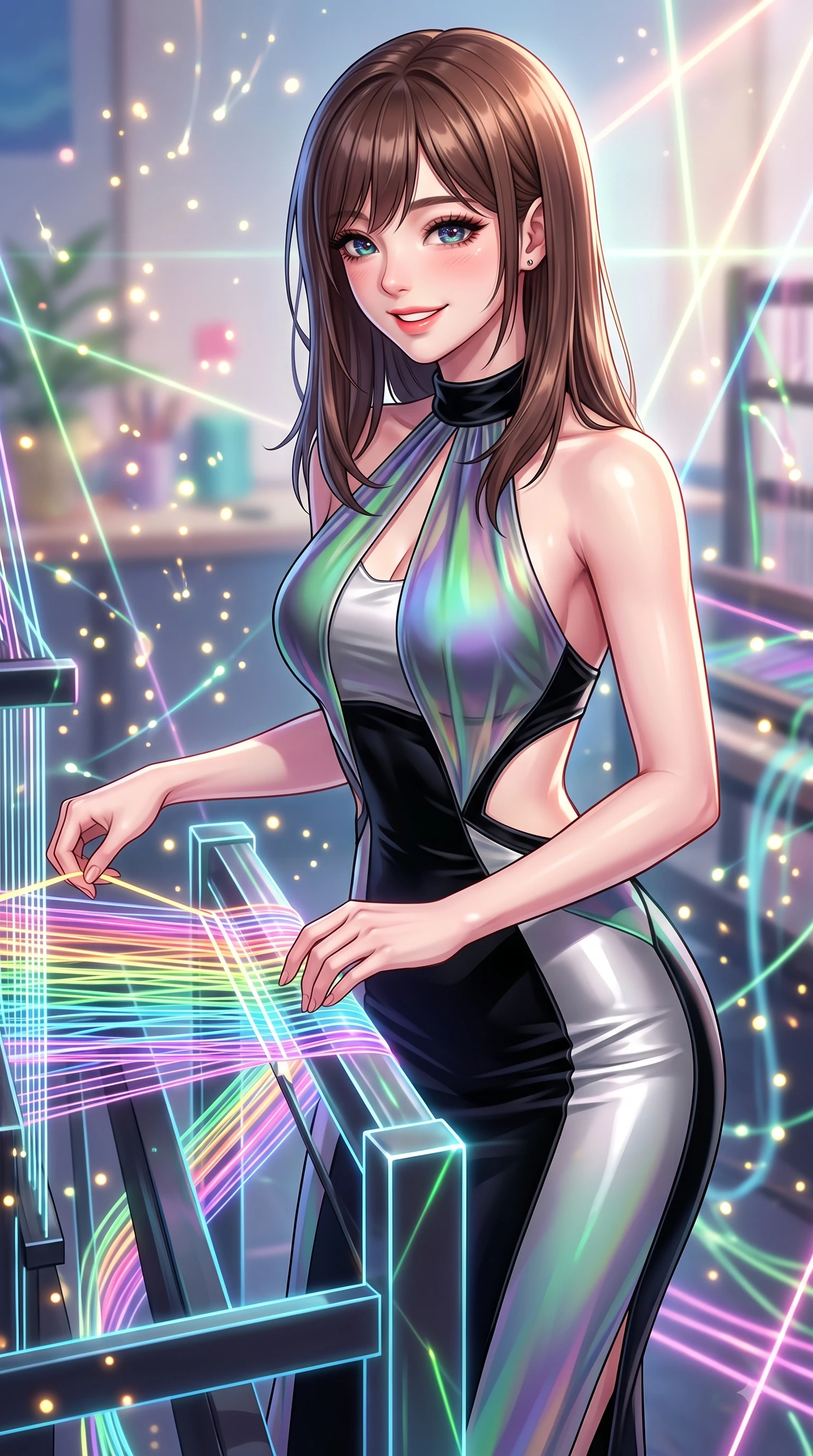 score_9, masterpiece, best quality, ultra-detailed, high-budget anime keyframe, editorial fashion photography, tasteful artistic composition, Korean woman. close-up cowboy shot from the waist and thighs up, the character dominates the composition, filling the frame with her large presence, background elements kept in soft focus. Warm delightful smile while casting a playful, joyful side-gaze with heavy lashes and a glowing expression while weaving fluorescent rainbow fiber optic ribbons on a 3D light loom with a playful smile, glowing fiber optic motes drifting like fireflies in the cheerful background. She has an exceptionally elegant, slender, and willowy female figure with an ultra-slim waist, a gracefully sculpted slender torso, and a refined silhouette. sharp v-shaped jawline, high-bridge nose, intricate jewel-like eyes with depth, thick eyelashes, glossy lips with a natural sheen, flawlessly proportioned anatomical accuracy, natural body alignment, perfectly sculpted elegant limbs, clean dynamic posture without body distortion. wearing a velvet halter-neck midi dress following her form like a glove in matte black and polished silver, crafted from iridescent chiffon that shifts colors in the light, featuring clean architectural cutouts along her slender torso, the elegant draped fit framing her graceful clavicle and slender torso. bathed in sharp geometric laser grid highlights and soft airy ambient fill. highly saturated vibrant anime colors, detailed shading with soft gradients, rich glossy textures, high-contrast stereoscopic depth, volumetric dynamic lighting, master piece, 9:16 ratio