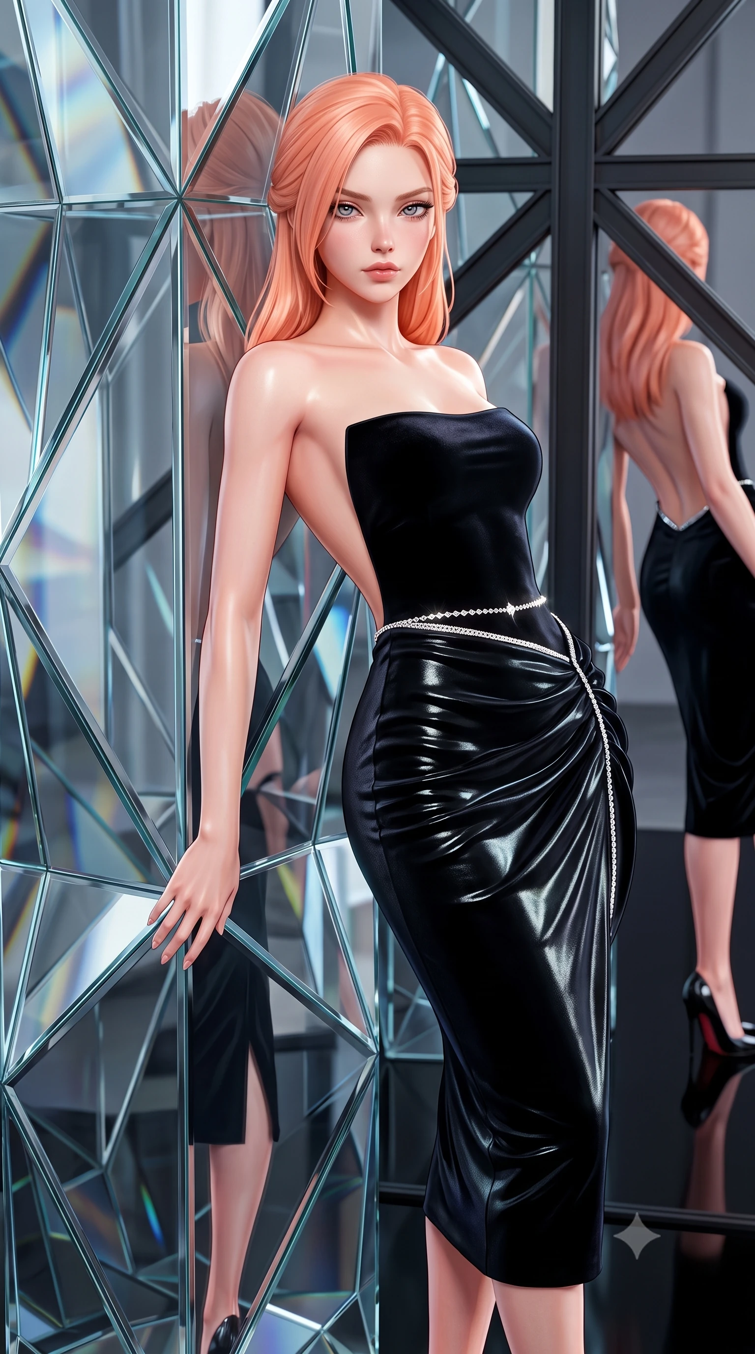 score_9, masterpiece, best quality, ultra-detailed, high-budget anime keyframe, semi-realistic 3D game render, editorial fashion photography, tasteful artistic composition, Japanese woman. close-up cowboy shot from the waist and thighs up, the character dominates the composition, filling the frame with her large presence. leaning back with relaxed seductive grace, her sculpted collarbones and narrow waist highlighted as she casts smoldering bedroom-eyes directly into the camera while leaning against a multi-faceted crystalline glass pillar inspired by origami folds, arching her lower back with high-fashion sovereign poise. The surrounding environment is rendered in vivid detail and crisp panoramic clarity. sharp glass bevel joints, black resin floor mirror reflections, and architectural steel frame connections in deep focus. She has an exceptionally elegant, slender, and willowy female figure with an ultra-slim waist, flat toned midriff, narrow ribcage, and sculpted feminine hips creating an alluring, slim hourglass silhouette without bulk. sharp v-shaped jawline, high-bridge nose, intricate jewel-like eyes with depth, thick eyelashes, glossy parted lips with a natural sheen, intensely captivating and seductive bedroom-eyes expression, flawlessly proportioned anatomical accuracy, strict slender model proportions, natural body alignment, perfectly sculpted long slender limbs, ultra-slim waistline, clean dynamic posture without body distortion. wearing an ultra-fitted strapless bustier midi dress with side hip ruching and exposed spine in pitch-black velvet with diamond crystal trim, crafted from luxurious metallic lamé that shifts radiance with every step, accented with a dainty diamond waist chain catching the ambient light reflections, the dramatically scooped open back descending to the base of her spine, accentuating her razor-sharp statuesque lines and slim hourglass silhouette. illuminated by crisp crystal facet specular glints sharply defining her sculpted collarbones, ultra-slim waist, and curvy hips. highly saturated vibrant anime colors, detailed shading with soft gradients, rich glossy textures, high-contrast stereoscopic depth, volumetric dynamic lighting, master piece, 9:16 ratio