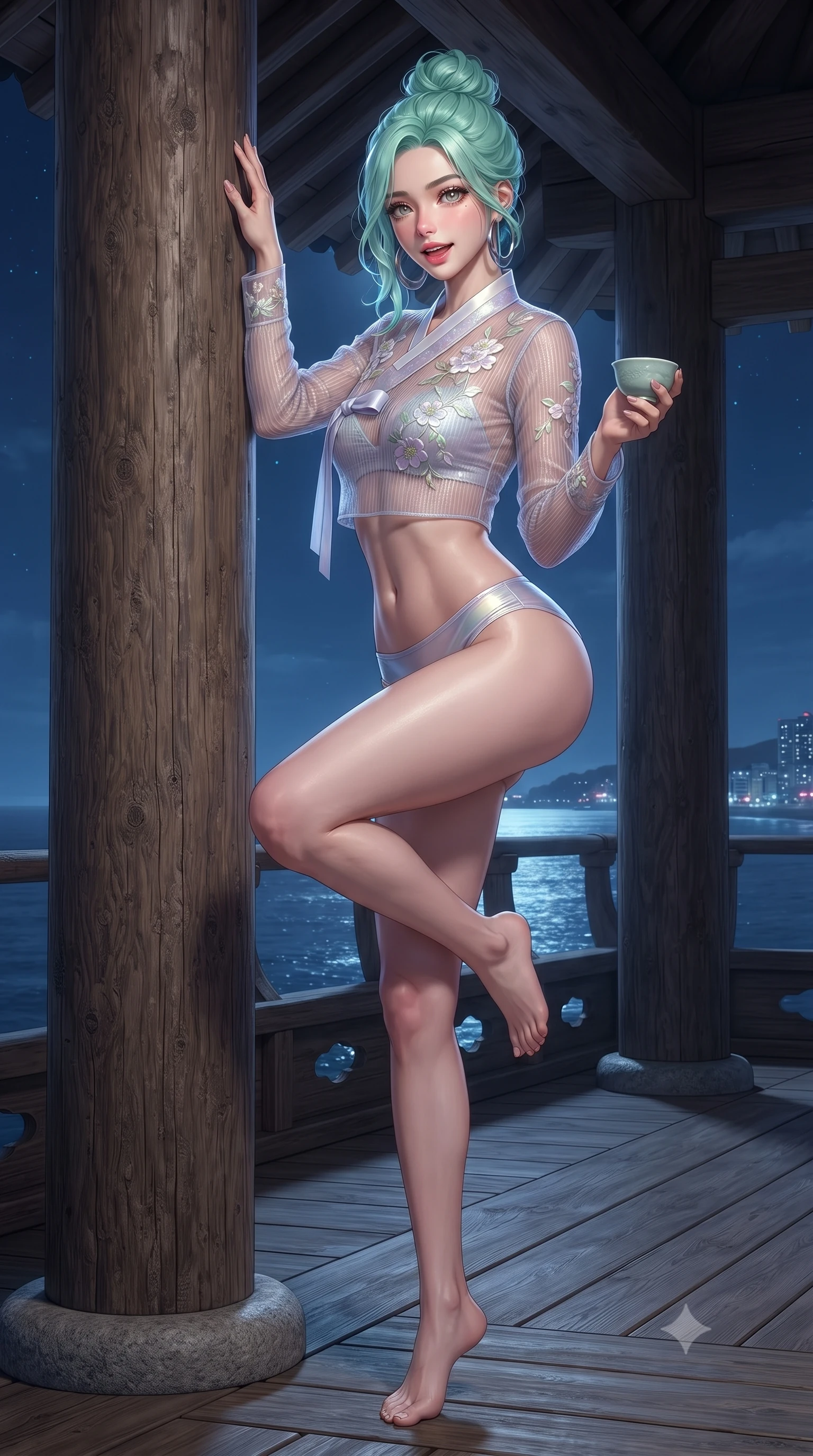score_9, masterpiece, best quality, ultra-detailed, high-budget anime keyframe, editorial fashion photography, tasteful artistic composition, Japanese woman. low angle full-body shot from head to toe showing her feet, filling the entire 9:16 vertical frame with her statuesque presence, stretching her vertical silhouette. standing tall beside the architectural column, one hand resting high while arching her lower back to emphasize her sculpted feminine hips and slender waist while lounging on the wooden pavilion floor with one leg drawn up, holding a celadon wine cup with an intoxicating, teasing smile. The surrounding environment is rendered in vivid detail and crisp panoramic clarity: detailed silk wrap tailoring, dewy sea air sheen on skin, and cliffside pavilion timber construction in razor-sharp precision. She has an absolutely perfect, statuesque 8.5-heads proportion, an exceptionally tall and slender model-like female figure with impossibly long slender legs, an ultra-slim waist, a flat toned midriff, narrow delicate ribcage, and beautifully sculpted feminine hips creating a graceful, slim hourglass silhouette without any bulky heaviness. sharp v-shaped jawline, high-bridge nose, sparkling eyes with hypnotic seductive depth, thick curled eyelashes, glossy parted lips with a natural dewy peach sheen, alluring bedroom-eyes with an enchanting coquettish smile, exuding magnetic siren charisma and sophisticated glamour, flawlessly proportioned anatomical accuracy, strict slender model proportions, natural body alignment, perfectly sculpted long slender limbs, ultra-slim waistline, clean dynamic posture without body distortion. wearing a provocative sheer illusion mesh jeogori with strategic embroidered silk flowers over a micro-bralette and satin briefs in iridescent mother-of-pearl and misty lavender, tailored from fine ribbed modal knit with gentle elastic contouring and soft hand-feel, accented with oversized polished chrome hoop earrings catching the ambient neon glow, the glove-like clinging cut tightly following the natural contour of her hips and long slender legs with youthful 8.5-heads elegance. bathed in brilliant horizontal moonlight sweeping across the ocean surface. ultra-reflective glossy finish, specular highlights, rich textural contrasts, high-contrast stereoscopic depth, volumetric dynamic lighting, 2k, ultra detail, master piece, 9:16 ratio