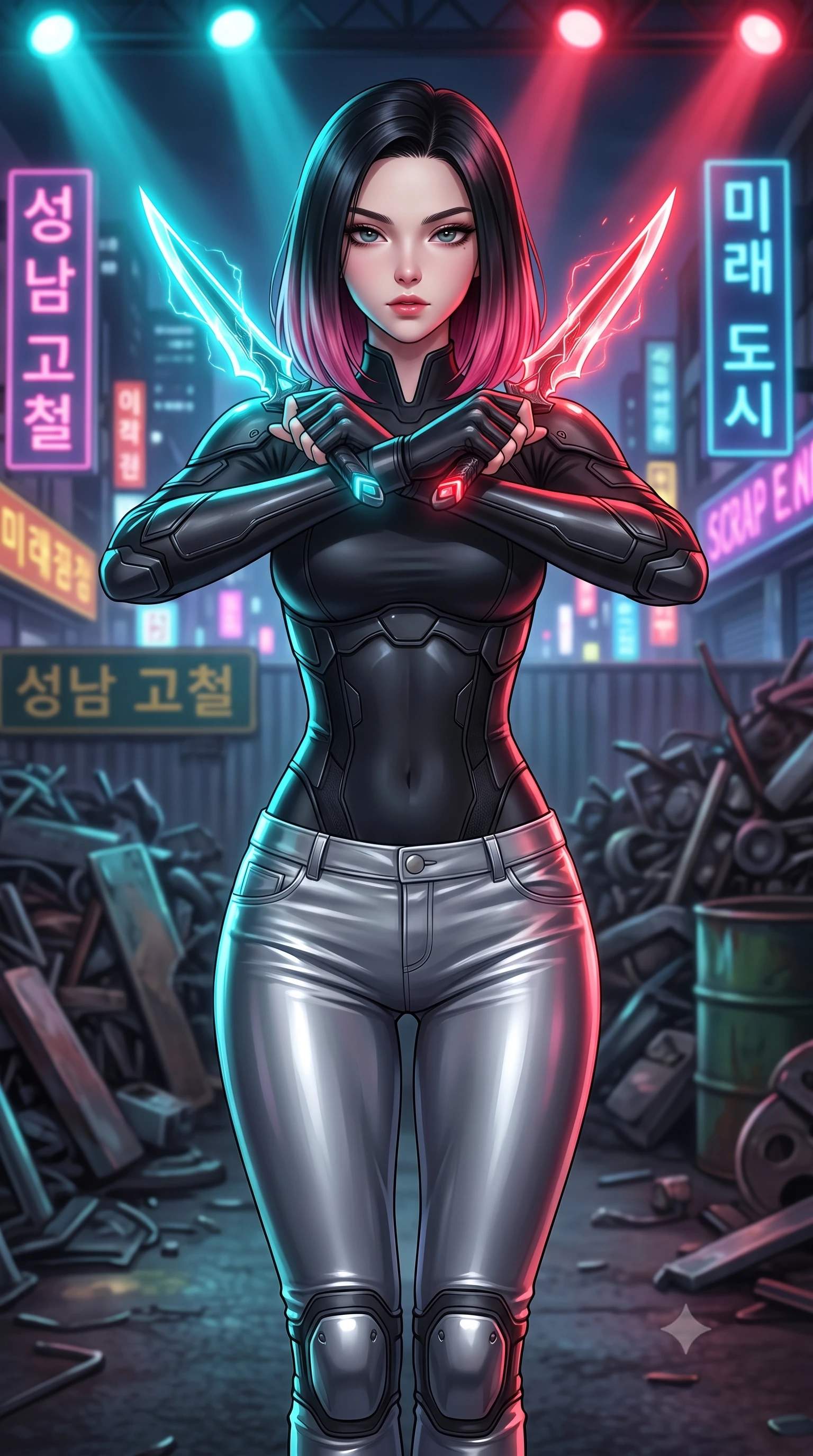score_9, masterpiece, best quality, ultra-detailed, high-budget anime keyframe, editorial fashion photography, tasteful artistic composition, Korean woman. close-up cowboy shot from the waist and thighs up, the character dominates the composition, filling the frame with her large presence, background elements kept in soft focus. holding two energy daggers crossed in front of her elegant collarbone, casting a heavy-lidded, sultry look, the background shows a soft-focus a scrap metal collection yard surrounded by neon signs from a distant city. She has an exceptionally elegant, slender, and willowy female figure with an ultra-slim waist, a gracefully sculpted slender torso, and a refined silhouette. sharp v-shaped jawline, high-bridge nose, intricate jewel-like eyes with depth, thick eyelashes, glossy lips with a natural sheen. wearing a tailored body-hugging long-sleeve combat top in carbon-black, tucked into tight-fitting metallic silver skinny pants. strobing cyan and red club lights from above reflecting off her metallic armor. highly saturated vibrant anime colors, detailed shading with soft gradients, rich glossy textures, high-contrast stereoscopic depth, volumetric dynamic lighting, master piece, 9:16 ratio