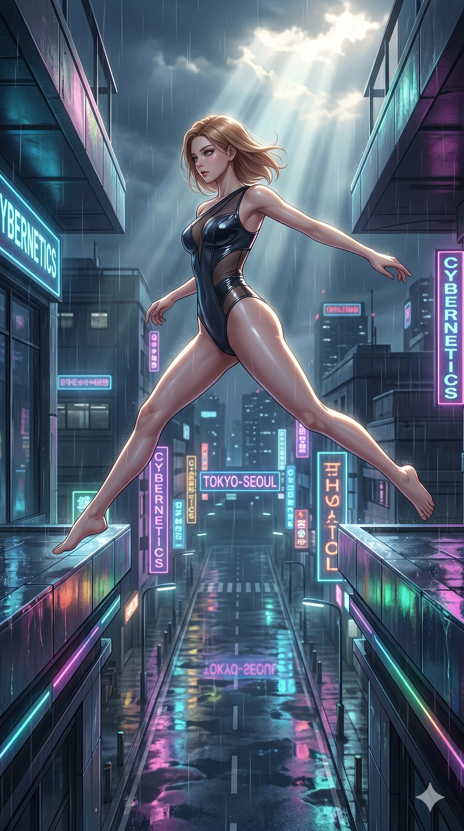 score_9, masterpiece, best quality, ultra-detailed, high-budget anime keyframe, editorial fashion photography, tasteful artistic composition, Korean woman. low angle full-body shot from head to toe showing her feet, filling the entire 9:16 vertical frame with her statuesque presence, stretching her vertical silhouette. Leaping gracefully across a gap, her body fully extended in a horizontal line of motion on a neon-lit terrace overlooking a futuristic rain-slicked street scene. She has an absolutely perfect 8-heads proportion, an exceptionally tall and slender female figure with impossibly long slender legs and an ultra-slim waist. V-shaped jawline, high-bridge nose, intricate jewel-like eyes with depth, thick eyelashes, glossy lips with a natural sheen. wearing an asymmetric structured bodysuit in deep charcoal with a glossy vinyl overlay and sheer mesh inserts. drenched in cinematic god-ray sunlight descending from above, illuminating her form with bright highlights. 2k, ultra detail, master piece, 9:16 ratio