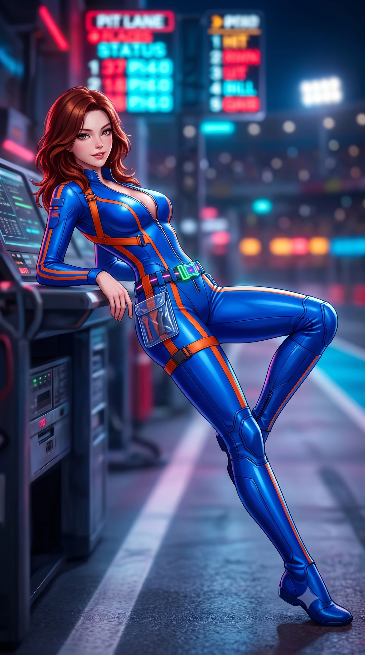 score_9, masterpiece, best quality, ultra-detailed, high-budget anime keyframe, semi-realistic 3D game render, editorial fashion photography, tasteful artistic composition, Korean woman. low angle full-body shot from head to toe showing her feet, filling the entire 9:16 vertical frame with her statuesque presence, stretching her vertical silhouette. reclining back languidly with one knee bent and spine arched in a breathtaking dancer line, commanding the entire 9:16 vertical frame while unzipping her leather racing suit with a slow, teasing smile, eyes locked with daring magnetism on the viewer. The composition keeps background elements in soft focus with creamy bokeh. flashing neon pitlane status boards and distant crowd stadium lights blurred into blazing crimson, electric cyan, and amber bokeh. She has an absolutely perfect, statuesque 8.5-heads proportion, an exceptionally tall and slender model-like female figure with impossibly long slender legs, a toned flat midriff, and an ultra-slim waist. sharp v-shaped jawline, high-bridge nose, intricate jewel-like eyes with depth, thick eyelashes, glossy parted lips with a natural sheen, intensely captivating and seductive expression, flawlessly proportioned anatomical accuracy, strict slender model proportions, natural body alignment, perfectly sculpted long slender limbs, ultra-slim waistline, clean dynamic posture without body distortion. wearing a second-skin motocore bodysuit with bold racing stripes and ergonomic aerodynamic knee-high boots in electric cobalt blue and high-contrast orange, crafted from flexible reflective spandex and heavy tactical webbing, complemented by a neon LED belt buckle and translucent vinyl tool pouch, the liquid-tight tailored fabric emphasizing every curve of her tall, slender model proportions and sculptured silhouette. surrounded by a fierce, electrifying, and irresistibly intoxicating motorsport queen aura. highly saturated vibrant anime colors, detailed shading with soft gradients, rich glossy textures, high-contrast stereoscopic depth, volumetric dynamic lighting, master piece, 9:16 ratio