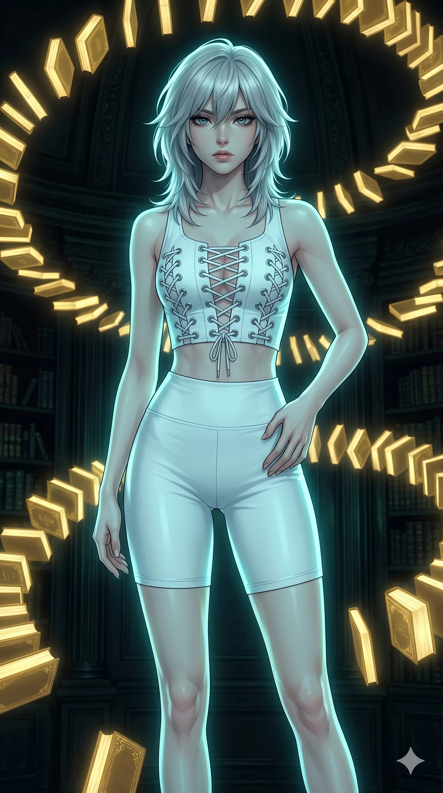 score_9, masterpiece, best quality, ultra-detailed, high-budget anime keyframe, editorial fashion photography, tasteful artistic composition, Japanese woman. cowboy shot from the thighs up, character and outfit filling the frame for maximum editorial presence. Casting a slow, direct gaze beneath heavy lashes with quiet intensity amidst a baroque library where glowing golden books orbit in slow spiral patterns. She has an absolutely perfect 8-heads proportion, an exceptionally tall and slender female figure with impossibly long slender legs and an ultra-slim waist. V-shaped jawline, high-bridge nose, intricate jewel-like eyes with depth, thick eyelashes, glossy lips with a natural sheen. wearing a bold editorial lace-up athletic crop top in electric white with eyelets and chrome lacing up the front providing structured support, paired with matching high-waist athletic shorts to mid-thigh. illuminated by soft aqua bioluminescent light that makes her skin luminously glow against the dark. 2k, ultra detail, master piece, 9:16 ratio