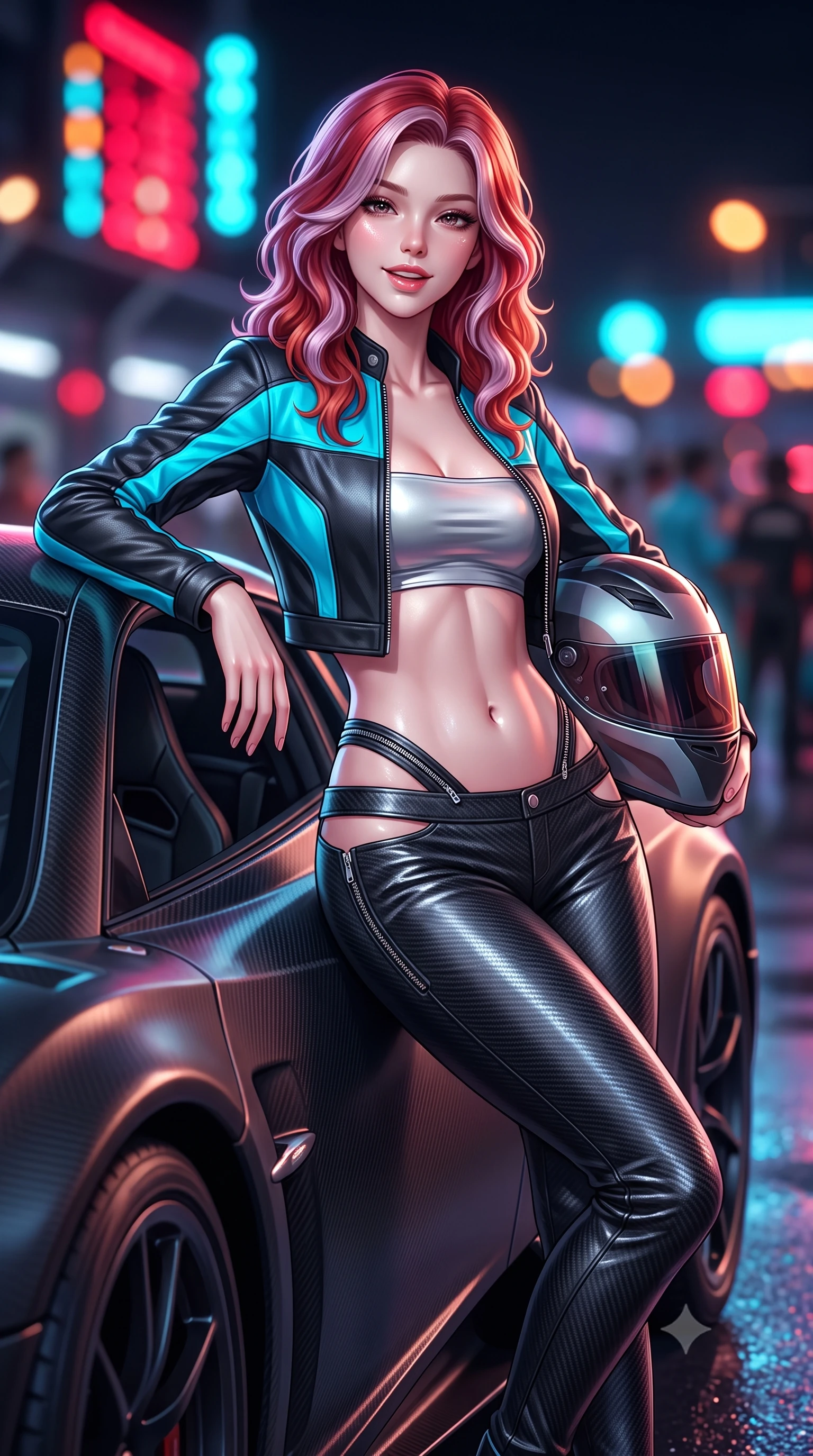 score_9, masterpiece, best quality, ultra-detailed, high-budget anime keyframe, semi-realistic 3D game render, editorial fashion photography, tasteful artistic composition, Caucasian woman. close-up cowboy shot from the waist and thighs up, the character dominates the composition, filling the frame with her large presence. laughing softly with enchanting, forbidden warmth, parted lips glistening as specular highlights illuminate her sculpted cheeks while leaning deep against the driver's side door with hips cocked, helmet resting against her hip, smoldering gaze locking onto the lens. The composition keeps background elements in soft focus with creamy bokeh. flashing neon pitlane status boards and distant crowd stadium lights blurred into blazing crimson, electric cyan, and amber bokeh. She has an exceptionally elegant, slender, and willowy female figure with an ultra-slim waist, a gracefully sculpted slender torso, toned flat midriff, and a refined slim silhouette. sharp v-shaped jawline, high-bridge nose, intricate jewel-like eyes with depth, thick eyelashes, glossy parted lips with a natural sheen, intensely captivating and seductive expression, flawlessly proportioned anatomical accuracy, strict slender model proportions, natural body alignment, perfectly sculpted long slender limbs, ultra-slim waistline, clean dynamic posture without body distortion. wearing a cropped leather racing jacket unzipped over a reflective silver bandeau top and low-rise carbon track pants in carbon matte black and neon electric cyan, formed from ultra-sleek carbon-fiber reinforced composite with specular sheen, accented with diagonal metal zippers running across the side-waist cutouts, the precision-cut daring openings accentuating her delicate midriff, graceful bare collarbones, and ultra-slim feminine waistline. illuminated by wet specular asphalt bounce lights sculpting her toned midriff, slender waist, and long legs. highly saturated vibrant anime colors, detailed shading with soft gradients, rich glossy textures, high-contrast stereoscopic depth, volumetric dynamic lighting, master piece, 9:16 ratio