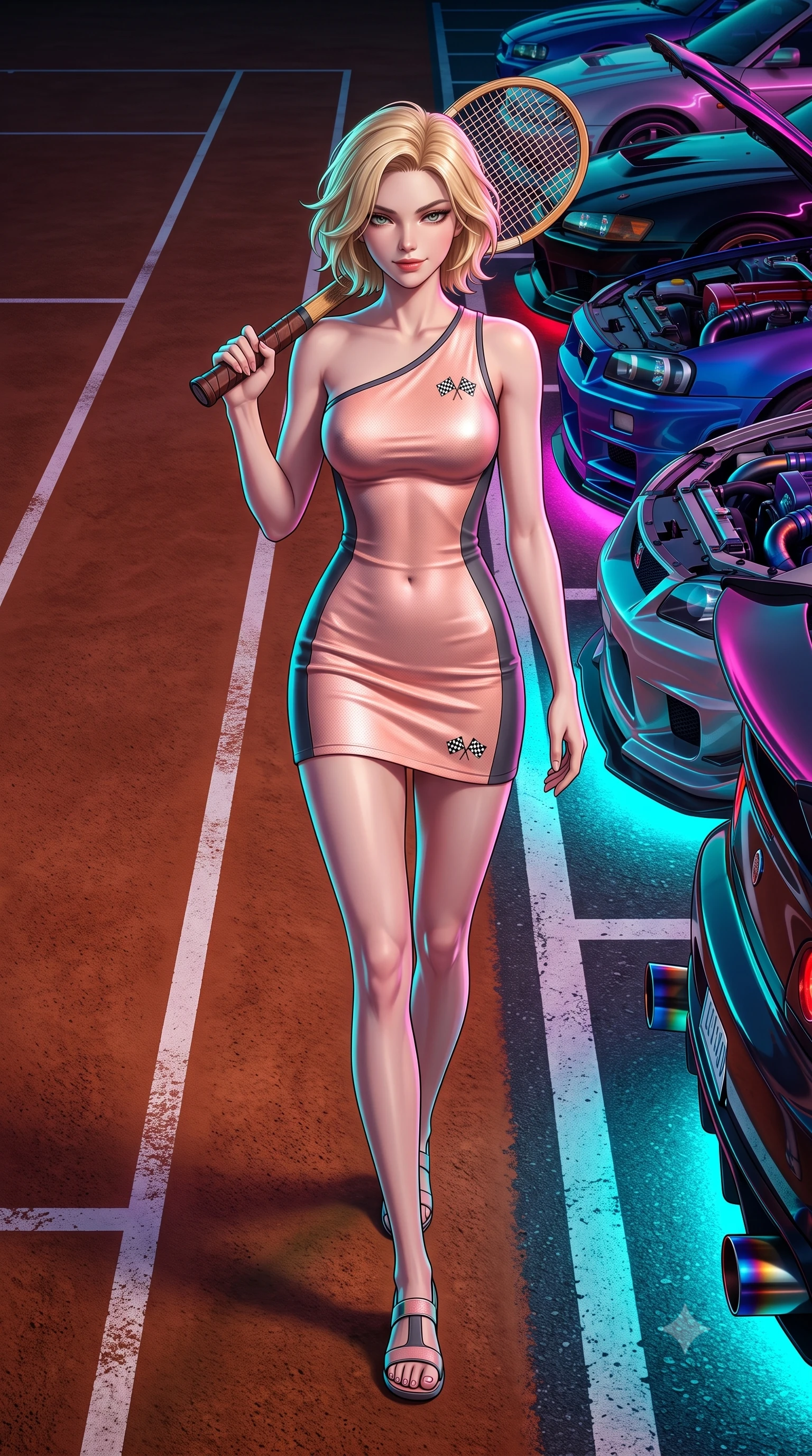 score_9, masterpiece, best quality, ultra-detailed, high-budget anime keyframe, semi-realistic 3D game render, editorial fashion photography, tasteful artistic composition, Caucasian woman. low angle full-body shot from head to toe showing her feet, filling the entire 9:16 vertical frame with her statuesque presence, stretching her vertical silhouette. walking slowly along the clay court baseline, looking back over her shoulder with an air of effortless grace and an alluring, smoldering smile while walking slowly down the row of roaring tuned engines with sovereign swagger, her long slender legs and hourglass curves commanding the car meet. The surrounding environment is rendered in vivid detail and crisp panoramic clarity: sharp titanium exhaust tip heat-burn discoloration, glossy car paint reflections, and asphalt parking bay line clarity in deep focus. She has an absolutely perfect, statuesque 8.5-heads proportion, an exceptionally tall and slender model-like female figure with impossibly long slender legs, an ultra-slim waist, a flat toned midriff, narrow delicate ribcage, and beautifully sculpted feminine hips creating a graceful, slim hourglass silhouette without any bulky heaviness. sharp v-shaped jawline, high-bridge nose, sparkling eyes with athletic focus and depth, thick curled eyelashes, glossy parted lips with a natural coral-peach sheen, bright confident and coquettish smile with alluring bedroom-eyes, exuding both youthful sporty vigor and sovereign high-society glamour, flawlessly proportioned anatomical accuracy, strict slender model proportions, natural body alignment, perfectly sculpted long slender limbs, ultra-slim waistline, clean dynamic posture without body distortion. wearing an asymmetric one-shoulder metallic racing mini dress with checkered flag embroidery hugging her narrow waist and hips in pastel peach blossom and matte carbon grey, made of second-skin technical compression piqué knit with moisture-wicking stretch, featuring a vintage wooden tennis racket held casually over one shoulder, the form-fitting tailored bodice adhering flawlessly to her sculpted flat midriff and slender torso, emphasizing her long leg lines and perfectly proportioned willowy build. bathed in intense saturated underglow neons in electric cyan and magenta contrasting with night shadows. highly saturated vibrant anime colors, detailed shading with soft gradients, rich glossy textures, high-contrast stereoscopic depth, volumetric dynamic lighting, master piece, 9:16 ratio
