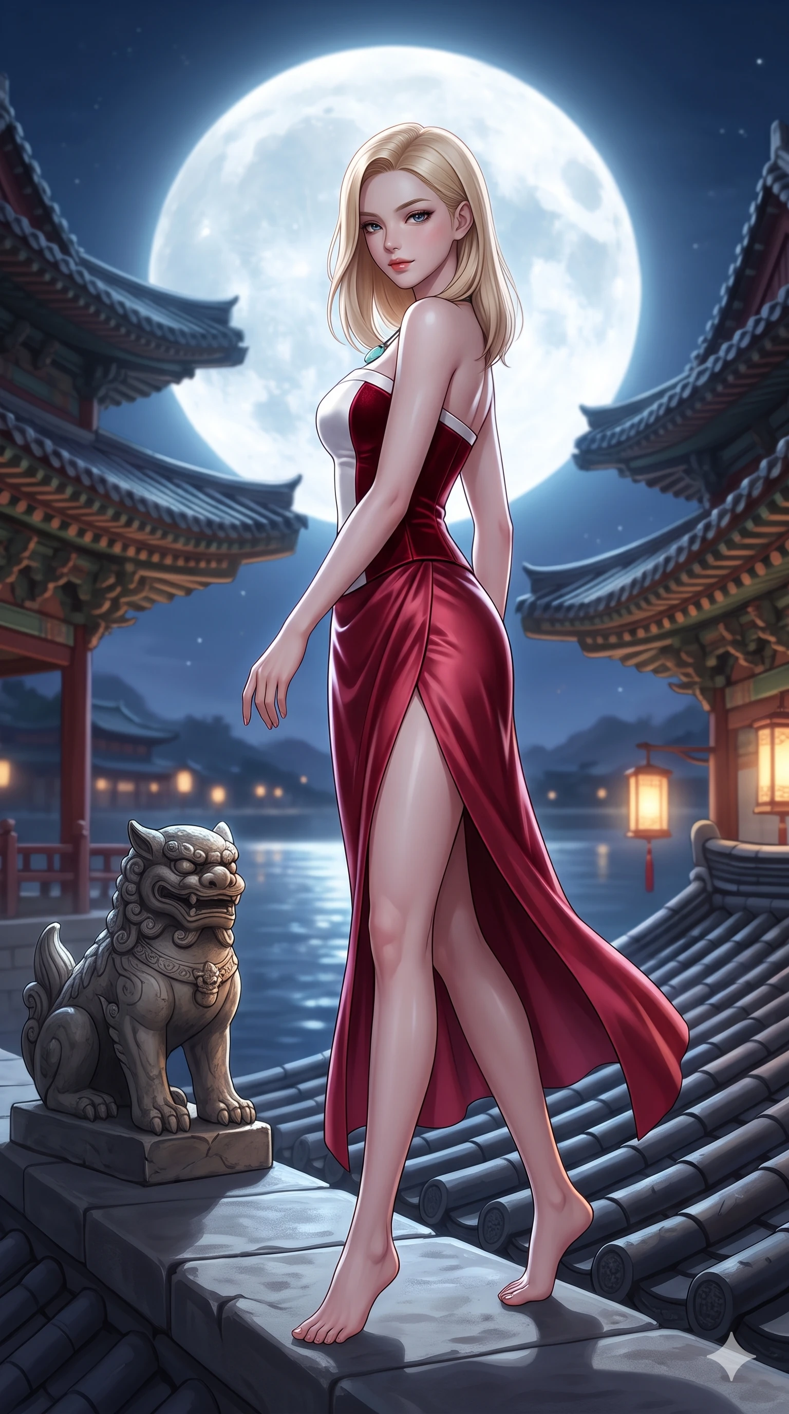score_9, masterpiece, best quality, ultra-detailed, high-budget anime keyframe, semi-realistic 3D game render, editorial fashion photography, tasteful artistic composition, Korean woman. low angle full-body shot from head to toe showing her feet, filling the entire 9:16 vertical frame with her statuesque presence, stretching her vertical silhouette. walking along the waterfront terrace with poise, looking back over her bare shoulder with an irresistible smoldering bedroom-gaze while twisting her slender torso in an alluring S-curve beside the carved roof guardian chihmi sculpture, full moon blazing directly behind her silhouette. The background shows a soft-focus soaring imperial palace rooftop softened in high-altitude architectural shallow focus. She has an absolutely perfect, statuesque 8.5-heads proportion, an exceptionally tall and slender model-like female figure with impossibly long slender legs, an ultra-slim waist, a flat toned midriff, narrow delicate ribcage, and beautifully sculpted feminine hips creating a graceful, slim hourglass silhouette without any bulky heaviness. sharp v-shaped jawline, high-bridge nose, sparkling eyes with hypnotic seductive depth, thick curled eyelashes, glossy parted lips with a natural dewy peach sheen, alluring bedroom-eyes with an enchanting coquettish smile, exuding magnetic siren charisma and sophisticated glamour, flawlessly proportioned anatomical accuracy, strict slender model proportions, natural body alignment, perfectly sculpted long slender limbs, ultra-slim waistline, clean dynamic posture without body distortion. wearing a tailored silk velvet hanbok corset top paired with an ankle-length fluid chima skirt with a thigh-high slit in pure snow white and vivid cherry blossom crimson, tailored from smooth liquid silk satin with a natural dewy moonlight sheen, finished with a minimalist celadon porcelain pendant on a fine silk cord, the glove-like clinging cut tightly following the natural contour of her hips and long slender legs with youthful 8.5-heads elegance. bathed in high-contrast unhindered celestial moonlight casting crisp geometric shadows across curved clay tiles. highly saturated vibrant anime colors, detailed shading with soft gradients, rich glossy textures, high-contrast stereoscopic depth, volumetric dynamic lighting, master piece, 9:16 ratio