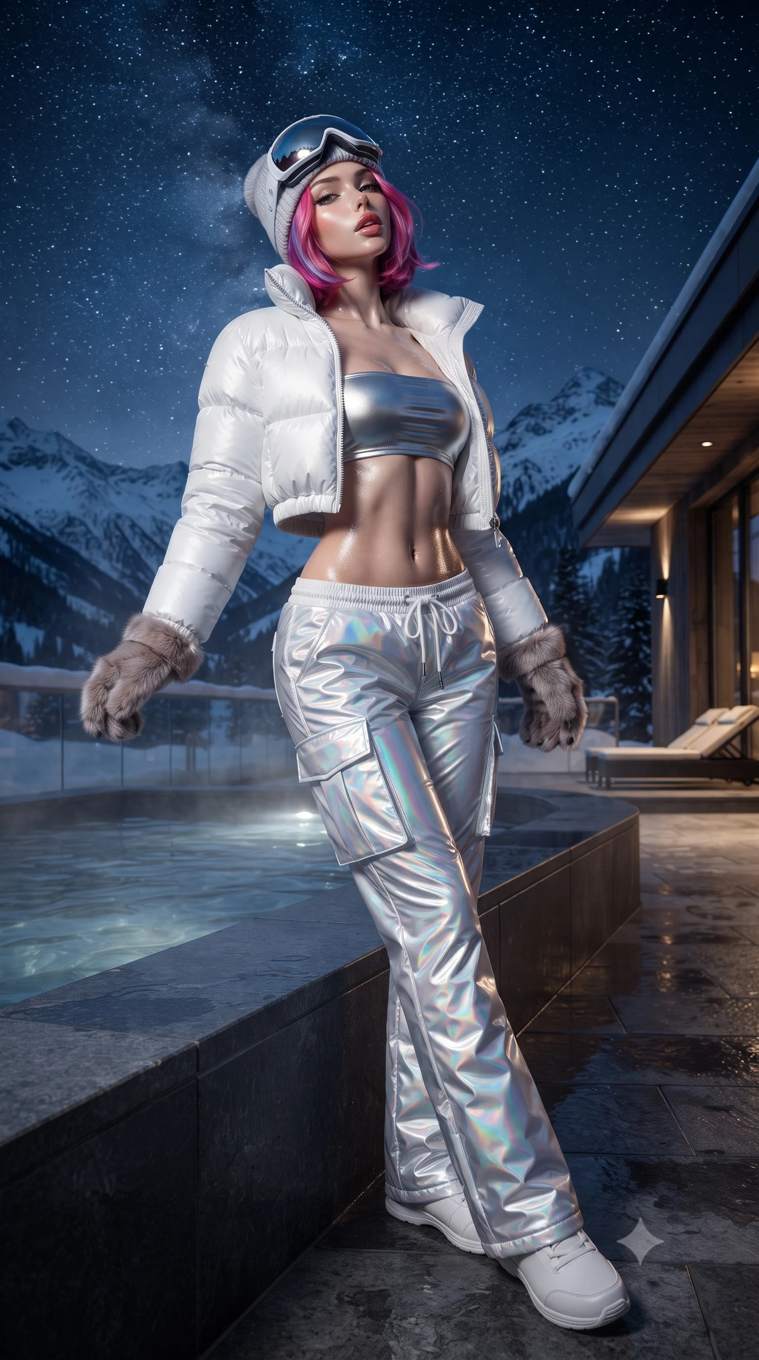 score_9, masterpiece, best quality, ultra-detailed, high-budget anime keyframe, editorial fashion photography, tasteful artistic composition, Caucasian woman. low angle full-body shot from head to toe showing her feet, filling the entire 9:16 vertical frame with her statuesque presence, stretching her vertical silhouette. executing an elegant mid-motion turn as garments swirl around her slender limbs, glancing over her shoulder with smoldering allure while leaning against the smooth stone pool ledge, head tilted back toward starry alpine skies with parted, glossy lips. The surrounding environment is rendered in vivid detail and crisp panoramic clarity. atmospheric nocturnal thermal chiaroscuro and private mountain hot-spring luxury in precision. She has an absolutely perfect, statuesque 8.5-heads proportion, an exceptionally tall and slender model-like female figure with impossibly long slender legs, a toned flat midriff, and an ultra-slim waist. sharp v-shaped jawline, high-bridge nose, intricate jewel-like eyes with depth, thick eyelashes, glossy parted lips with a natural sheen, intensely captivating and seductive expression, flawlessly proportioned anatomical accuracy, strict slender model proportions, natural body alignment, perfectly sculpted long slender limbs, ultra-slim waistline, clean dynamic posture without body distortion. wearing a cropped white puffer jacket worn over a metallic silver tube top and low-slung insulated cargo pants in crystalline holographic opal and pure white, tailored from ultra-sleek thermal stretch neoprene with satin sheen, accessorized with mirrored ice-glare goggles resting on her beanie and fur mittens, the form-contouring material adhering flawlessly to her sculpted flat midriff and slender torso, emphasizing her long leg lines and perfectly proportioned willowy build. illuminated by wet specular highlights accentuating her slender neckline, sculpted waist, and curves. ultra-reflective glossy finish, specular highlights, rich textural contrasts, high-contrast stereoscopic depth, volumetric dynamic lighting, 2k, ultra detail, master piece, 9:16 ratio