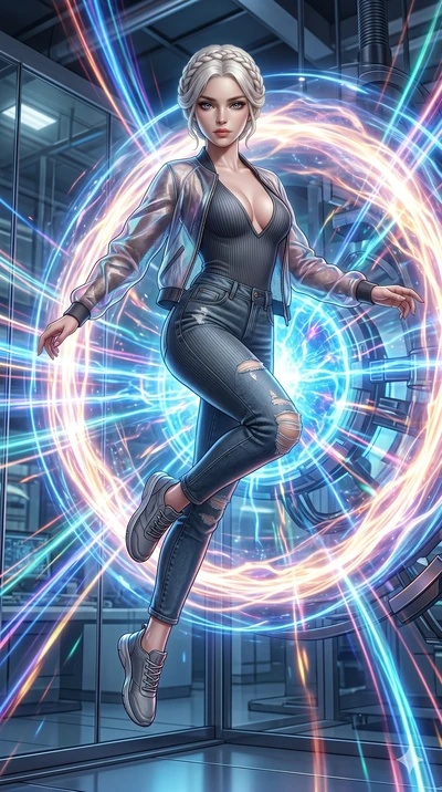 score_9, masterpiece, best quality, ultra-detailed, Set A: Photorealistic 8k CG, Japanese woman. Low angle cowboy shot filling the entire 9:16 frame with her statuesque presence. Leaping through a ring of glowing plasma in a high-tech laboratory. She