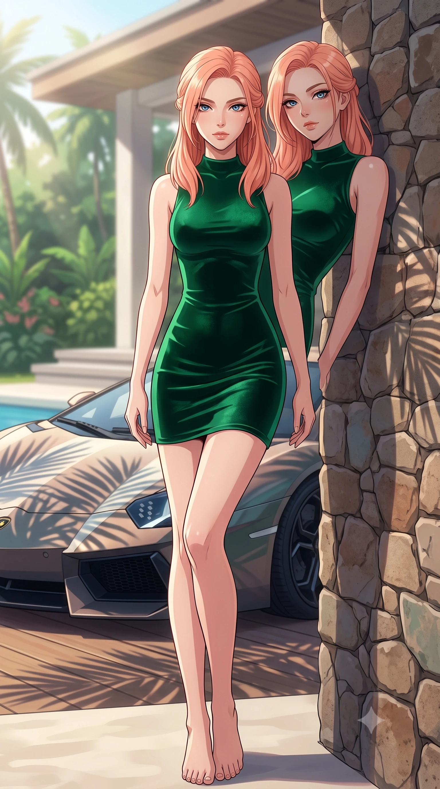 score_9, masterpiece, best quality, ultra-detailed, high-budget anime keyframe, tasteful artistic composition, Japanese woman. low angle full-body shot from head to toe showing her feet, filling the entire 9:16 vertical frame with her statuesque presence, stretching her vertical silhouette. leaning back against a rustic stone wall, casting a slow, alluring gaze at the camera the background shows a soft-focus a luxury villa pool deck with a parked supercar overlooking a tropical garden. She has an absolutely perfect, statuesque 8.5-heads proportion, an exceptionally tall and slender model-like female figure with impossibly long slender legs and an ultra-slim waist. sharp v-shaped jawline, high-bridge nose, intricate jewel-like eyes with depth, thick eyelashes, glossy lips with a natural sheen. wearing a tailored body-hugging emerald green velvet dress with a simple mock-neck collar. soft morning sunrays casting elegant shadows of palm leaves across the car. highly saturated vibrant anime colors, cel-shading, 2d style, master piece, 9:16 ratio