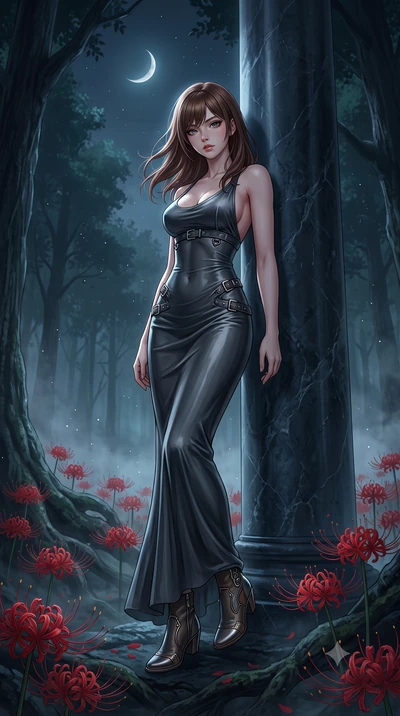score_9, masterpiece, best quality, ultra-detailed, High-budget Anime Keyframe, East Asian woman. Low angle cowboy shot filling the entire 9:16 frame with her statuesque presence. Scenario 288: leaning against a cold marble pillar inside a misty dark