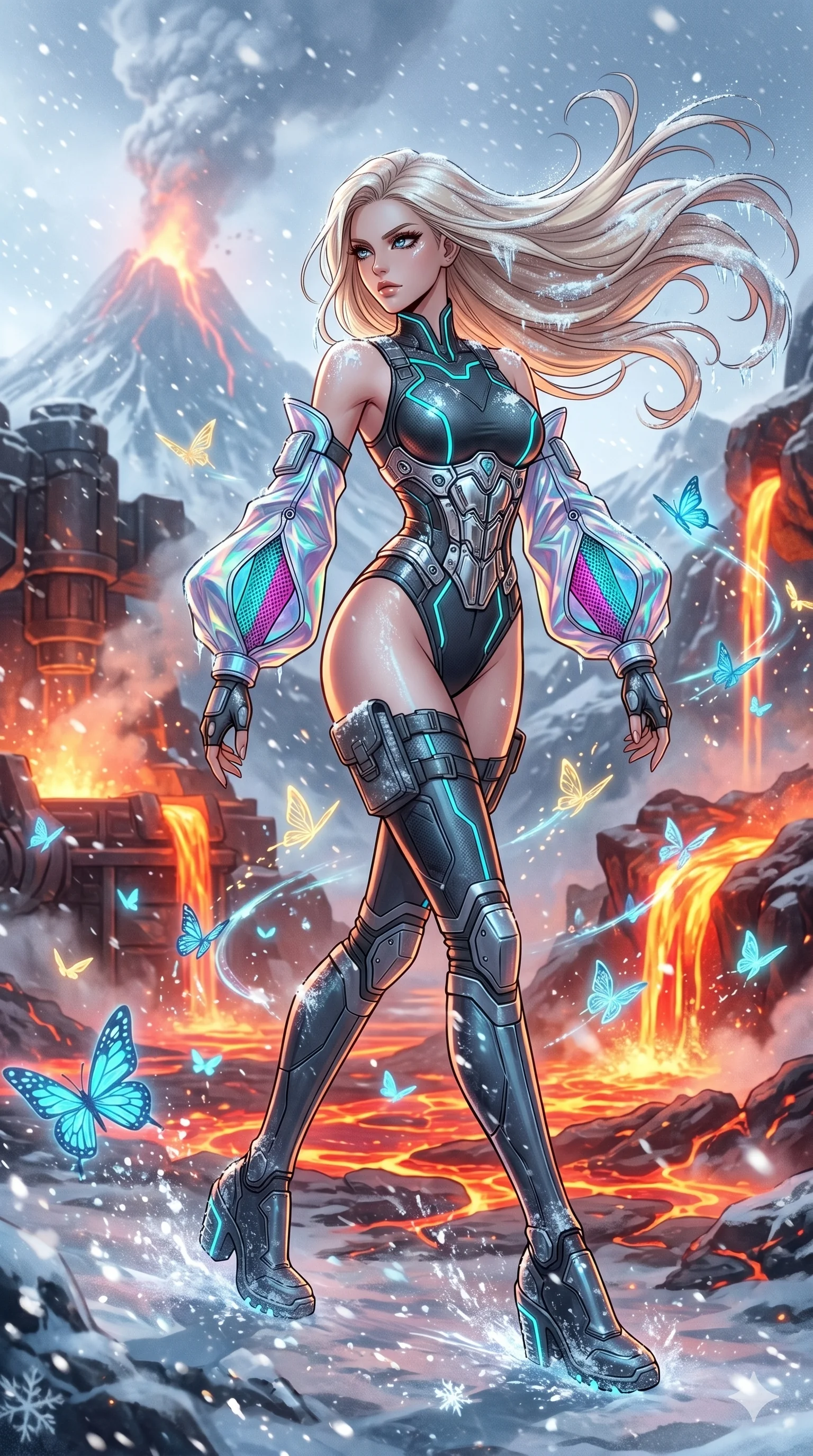 score_9, masterpiece, best quality, ultra-detailed, high-budget anime movie keyframe, cinematic anime lighting, intricate line art, Korean woman. Dynamic full-body shot stretching the vertical silhouette across the 9:16 frame. walking through a blizzard in a volcanic lava forge surrounded by glowing butterflies. She has an absolutely perfect 8-heads proportion, an exceptionally tall and slender female figure with an ultra-slim waist and impossibly long slender legs. sharp v-shaped jawline, high-bridge nose, intricate jewel-like eyes, thick eyelashes, glossy lips. Wearing asymmetrical high-cut tech-bodysuit with detached glowing sleeves, chrome-plated mechanical corset, and bioluminescent mesh panels clinging to her slender figure. The scene is illuminated by dramatic atmospheric lighting and vibrant color palettes. , 2k, ultra detail, master piece, 9:16 ratio
