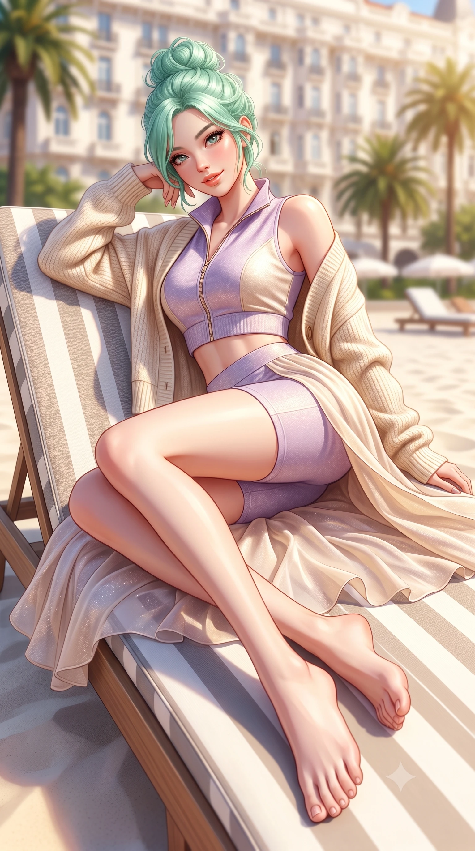 score_9, masterpiece, best quality, ultra-detailed, high-budget anime keyframe, semi-realistic 3D game render, editorial fashion photography, tasteful artistic composition, Japanese woman. low angle full-body shot from head to toe showing her feet, filling the entire 9:16 vertical frame with her statuesque presence, stretching her vertical silhouette. executing a cheerful mid-motion pivot turn as her skirt flutters around her slender legs, glancing over her shoulder with an intoxicating, teasing cute expression while reclining on a chic striped sun lounger propped on one elbow, her curvy hips and long slender legs caressed by golden Mediterranean sun. The composition keeps background elements in soft focus with dreamy creamy bokeh. luxury Croisette palace hotels and palm boulevards softened in glamorous French Riviera shallow focus. She has an exceptionally tall and slender model-like 8.5-heads proportion, an ultra-slim waist, a flat toned midriff, narrow delicate ribcage, and beautifully sculpted feminine hips creating a graceful, slim hourglass silhouette without any bulky heaviness, with impossibly long slender legs. sharp v-shaped jawline, high-bridge nose, intricate jewel-like sparkling eyes with depth, thick eyelashes, glossy parted lips with a natural peach sheen, bright cheerful beaming smile with an enchanting and coquettish sensual glint, exuding both youthful cute charm and seductive allure, flawlessly proportioned anatomical accuracy, strict slender model proportions, natural body alignment, perfectly sculpted long slender limbs, ultra-slim waistline, clean dynamic posture without body distortion. wearing a sporty chic zip-up crop jacket paired with high-waisted biker shorts clinging to her athletic hips in soft lilac and champagne shimmer, crafted from soft cozy cashmere yarn with an airy drape, complemented by an oversized soft knit cardigan slipping off one bare shoulder, the form-contouring cut accentuating her sculpted flat midriff, narrow delicate ribcage, and gracefully curvy hips with supermodel precision. bathed in brilliant midday Mediterranean golden sunlight and bright white sand bounce fill. highly saturated vibrant anime colors, detailed shading with soft gradients, rich glossy textures, high-contrast stereoscopic depth, volumetric dynamic lighting, master piece, 9:16 ratio
