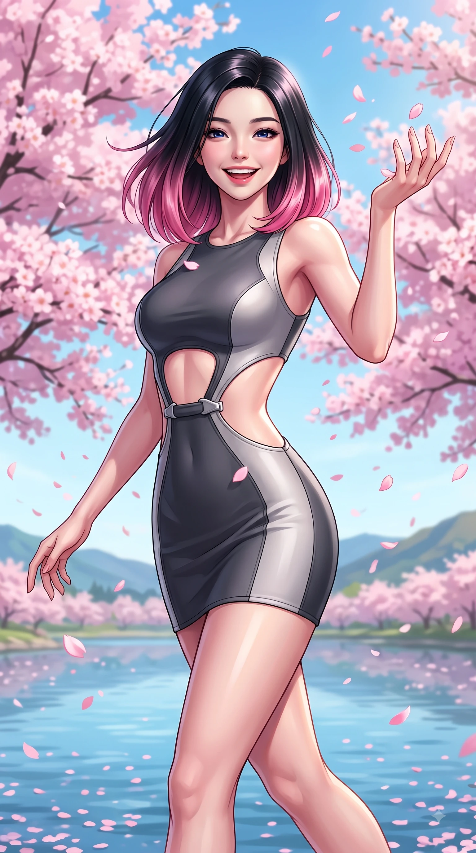 score_9, masterpiece, best quality, ultra-detailed, high-budget anime keyframe, editorial fashion photography, tasteful artistic composition, Korean woman. close-up cowboy shot from the waist and thighs up, the character dominates the composition, filling the frame with her large presence, background elements kept in soft focus. Gazing directly into the camera with a joyful, infectious smile as her torso curves dynamically in mid-stride while reaching her hand up playfully to catch falling pink cherry blossom petals in a spring breeze, dense canopies of pink cherry blossoms scattering petals across the clear blue lake. She has an exceptionally elegant, slender, and willowy female figure with an ultra-slim waist, a gracefully sculpted slender torso, and a refined silhouette. sharp v-shaped jawline, high-bridge nose, intricate jewel-like eyes with depth, thick eyelashes, glossy lips with a natural sheen, flawlessly proportioned anatomical accuracy, natural body alignment, perfectly sculpted elegant limbs, clean dynamic posture without body distortion. wearing a dramatic open-waist cutout mini dress framed by sculptural hardware in charcoal grey and platinum, formed from sleek second-skin neoprene, featuring clean architectural cutouts along her slender torso, the form-contouring material highlighting her ultra-slim waist and long lines. surrounded by a serene, uplifting spring aura with cheerful highlights. highly saturated vibrant anime colors, detailed shading with soft gradients, rich glossy textures, high-contrast stereoscopic depth, volumetric dynamic lighting, master piece, 9:16 ratio