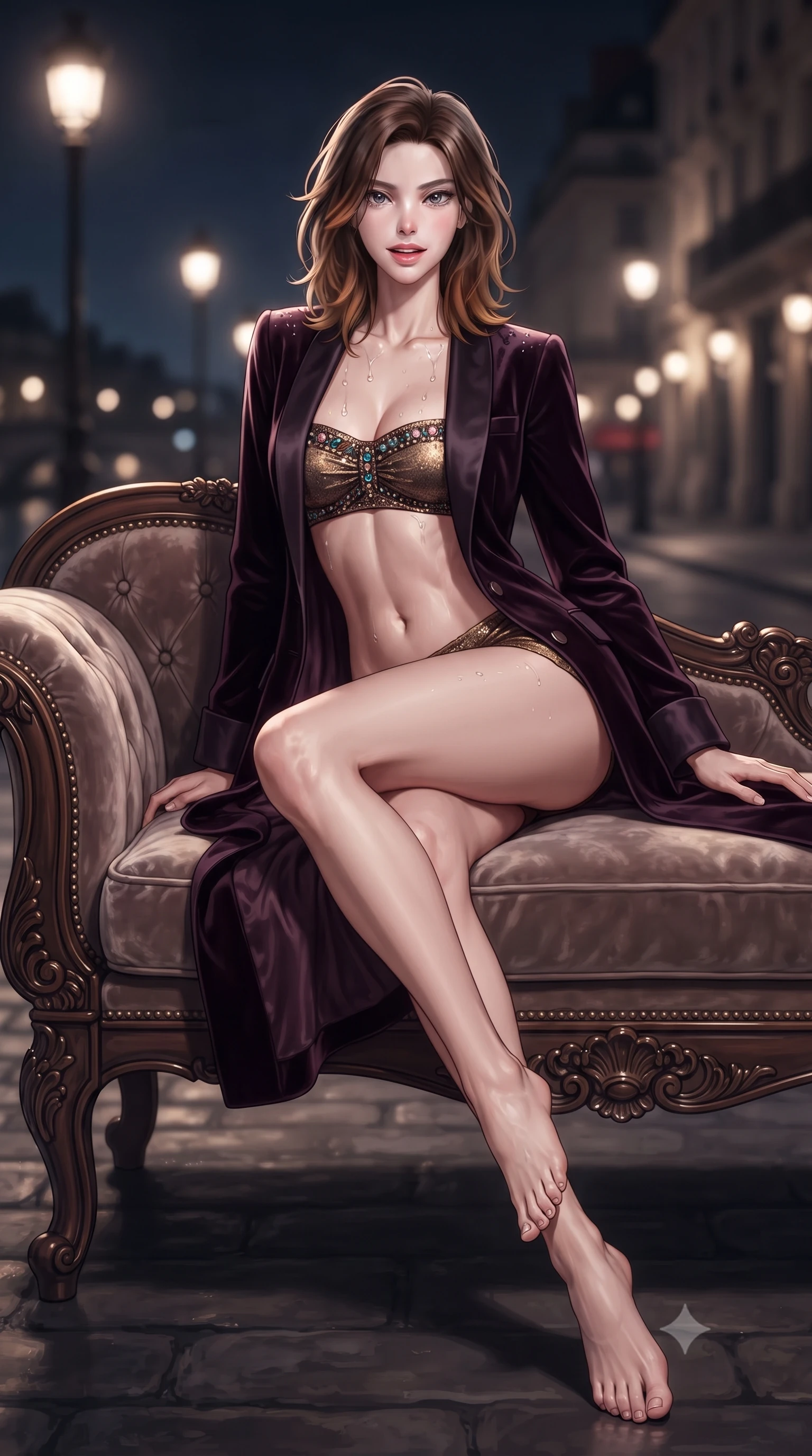 score_9, masterpiece, best quality, ultra-detailed, high-budget anime keyframe, editorial fashion photography, tasteful artistic composition, Korean woman. low angle full-body shot from head to toe showing her feet, filling the entire 9:16 vertical frame with her statuesque presence, stretching her vertical silhouette. lounging on the lavish daybed with legs crossed and hips angled toward the camera, displaying her toned midriff and long slender limbs with effortless siren poise while twisting her slender torso in an alluring contrapposto stance, autumn midnight breezes fluttering her sheer silk robe around her curvy hips. The background shows a soft-focus Paris streetlamps along the quayside softened in romantic nocturnal shallow focus. She has an absolutely perfect, statuesque 8.5-heads proportion, an exceptionally tall and slender model-like female figure with impossibly long slender legs, an ultra-slim waist, a flat toned midriff, narrow delicate ribcage, and beautifully sculpted feminine hips creating a graceful, slim hourglass silhouette without any bulky heaviness. sharp v-shaped jawline, high-bridge nose, sparkling eyes with hypnotic seductive depth, thick curled eyelashes, glossy parted lips with a natural dewy peach sheen, alluring bedroom-eyes with an enchanting coquettish smile, exuding magnetic siren charisma and sophisticated glamour, flawlessly proportioned anatomical accuracy, strict slender model proportions, natural body alignment, perfectly sculpted long slender limbs, ultra-slim waistline, clean dynamic posture without body distortion. wearing a tailored open-front satin smoking jacket worn over a jewel-embellished bandeau and micro-shorts in rich dark plum violet and gilded bronze, tailored from ultra-plush velvet with rich tactile depth and deep shadow gradients, finished with glistening drops of pool water beading across her sculpted shoulders and collarbones, the liquid-tight tailored fabric clinging flawlessly to her narrow waist and rounded feminine hips, emphasizing every millimeter of her sculpted slim hourglass curves without any bulky heaviness. illuminated by Seine water specular bounce and sharp platinum rim lights sculpting her jawline, flat midriff, and voluptuous hip curves. ultra-reflective glossy finish, specular highlights, rich textural contrasts, high-contrast stereoscopic depth, volumetric dynamic lighting, 2k, ultra detail, master piece, 9:16 ratio
