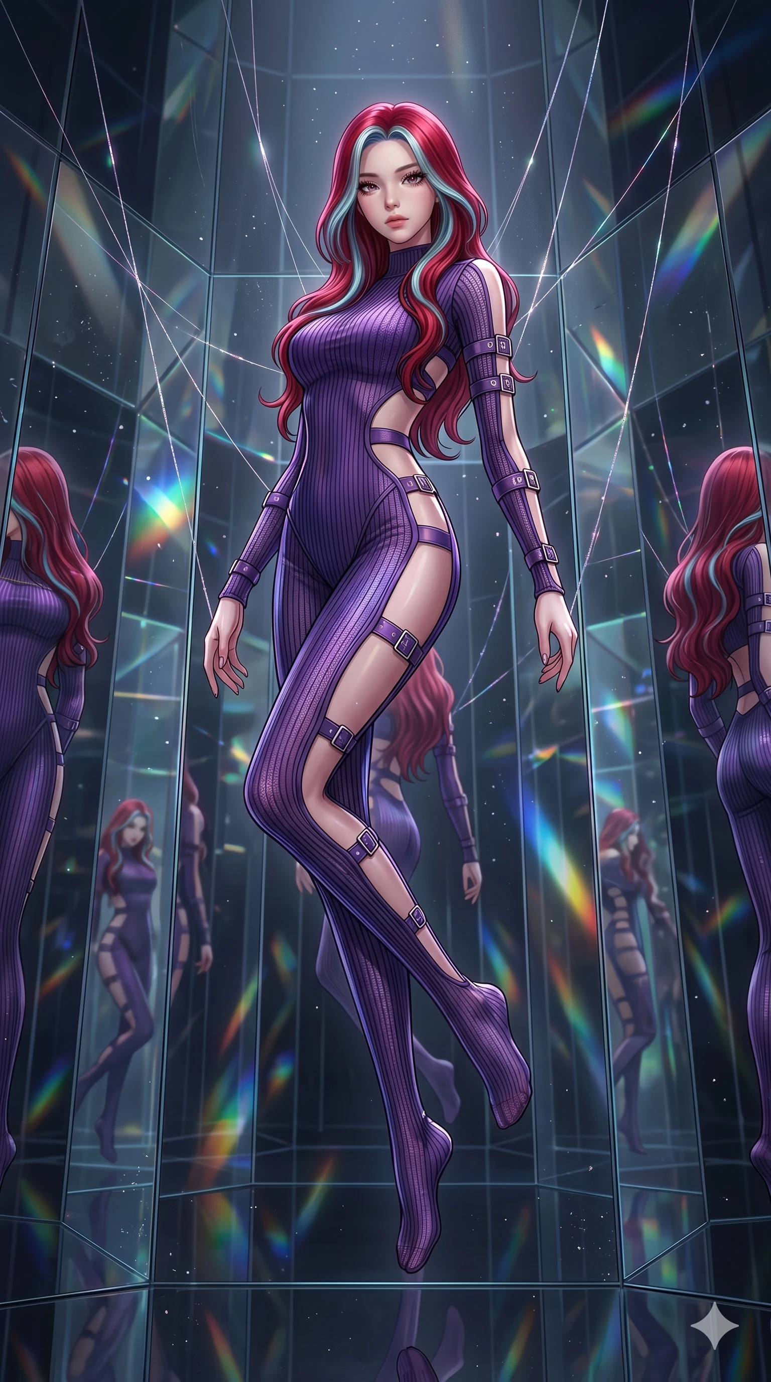 score_9, masterpiece, best quality, ultra-detailed, High-budget Anime Keyframe, East Asian woman. Dynamic full-body shot stretching the vertical silhouette to the limit. Scenario 106: Suspended by invisible silk threads in a hall of mirrors. Her presence is magnetic and overpowering in this high-budget anime scene. Outfit 106: A ribbed bodycon knit mesh with a strategic side cut-outs and metallic buckles. The clothing is designed to emphasize her exceptionally tall and slender 8-heads proportion. 8-heads proportion, towering silhouette, ultra-slim waist. sharp v-shaped jawline, intricate jewel-like eyes with depth, thick eyelashes, glossy lips. 2k, ultra detail, master piece, 9:16 ratio