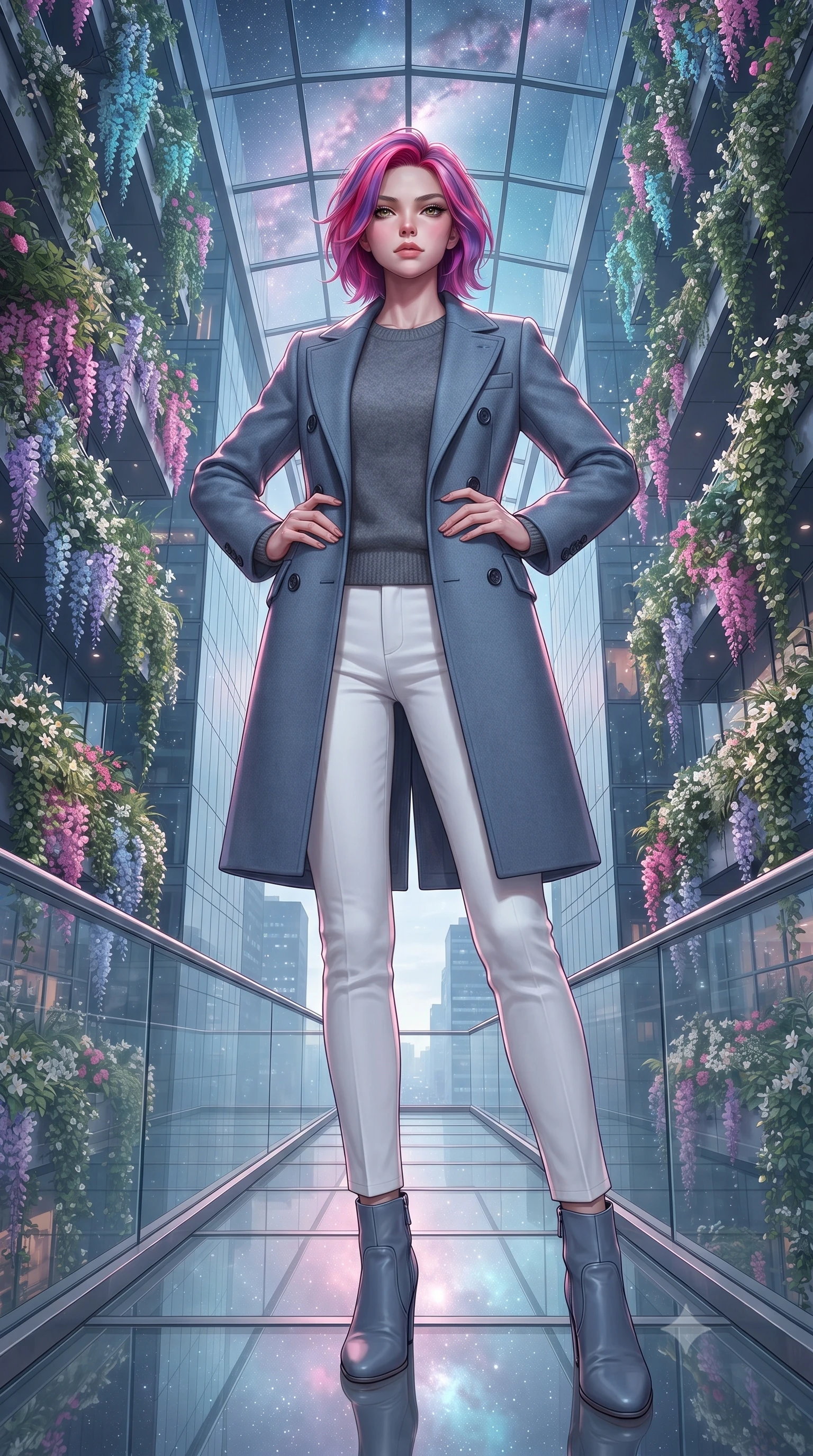score_9, masterpiece, best quality, ultra-detailed, high-budget anime keyframe, editorial fashion photography, tasteful artistic composition, Caucasian woman, strictly human ears. low angle full-body shot from head to toe showing her feet, filling the entire 9:16 vertical frame with her statuesque presence, stretching her vertical silhouette. striking a commanding pose within an elevated glass walkway between two mirror-clad skyscrapers completely covered in cascading vertical gardens with flowering wisteria jasmine and trailing ivy framing the sky corridor. She has a statuesque 8.5-heads proportion, an exceptionally tall, slender and willowy model-like build with impossibly long legs and a highly sculpted ultra-slim waist. sharp v-shaped jawline, high-bridge nose, intricate jewel-like eyes with depth, thick eyelashes, glossy lips with a natural sheen. wearing a structured double-breasted coat in slate blue over a soft grey cashmere sweater and white slim trousers. starlight and nebula glow casting soft cosmic pink and cyan highlights on her form. 2k, ultra detail, master piece, 9:16 ratio