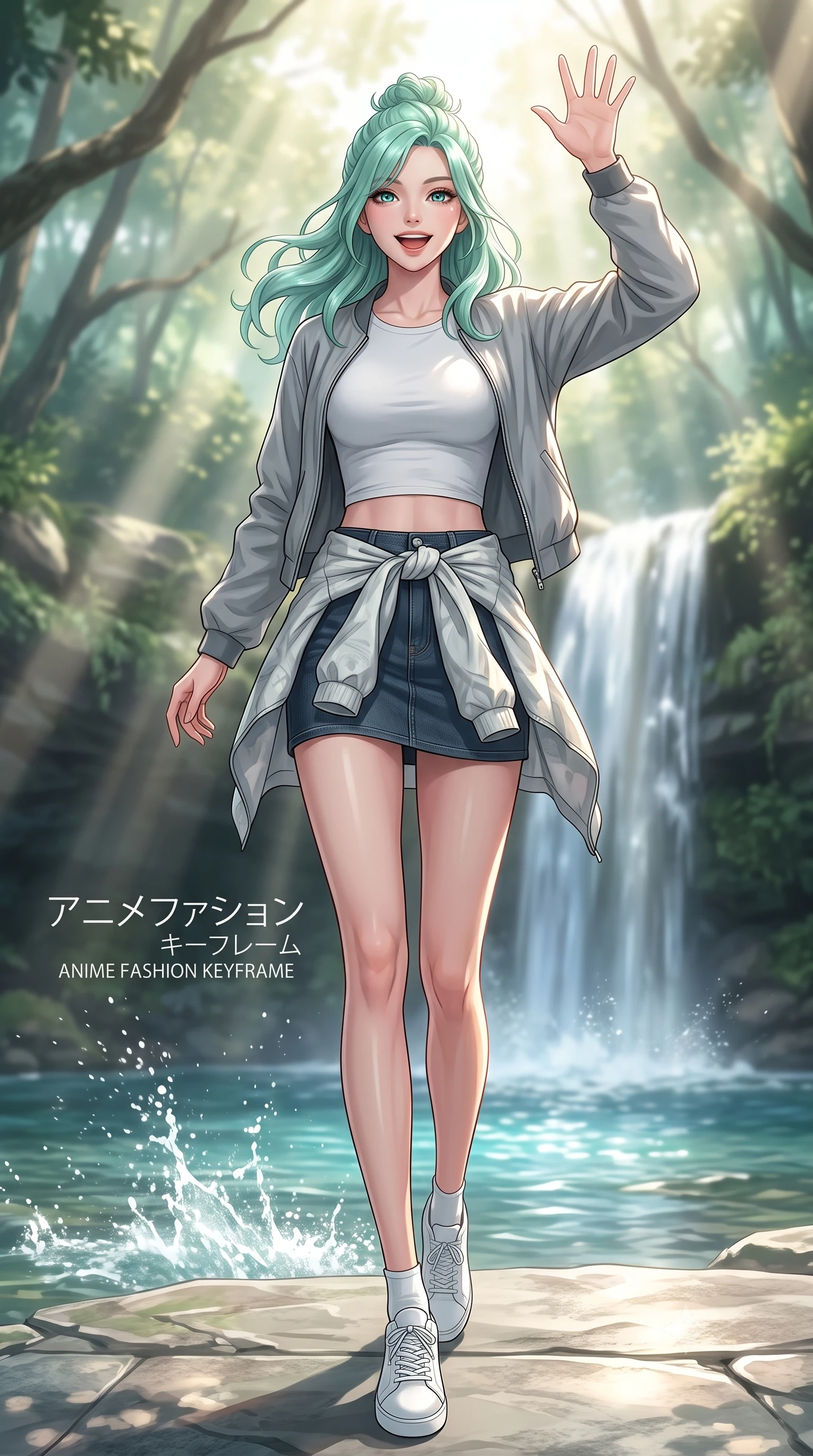 score_9, masterpiece, best quality, ultra-detailed, high-budget anime keyframe, editorial fashion photography, tasteful artistic composition, Japanese woman. low angle full-body shot from head to toe showing her feet, filling the entire 9:16 vertical frame with her statuesque presence, stretching her vertical silhouette. stepping forward with a bright, cheerful smile, waving happily at the viewer set against a soft-focus background of near a beautiful forest waterfall with clean water splashing into a pool carrying a light windbreaker jacket tied around her waist. She has an absolutely perfect, statuesque 8.5-heads proportion, an exceptionally tall and slender model-like female figure with impossibly long slender legs and an ultra-slim waist. sharp v-shaped jawline, high-bridge nose, intricate jewel-like eyes with depth, thick eyelashes, glossy lips with a natural sheen. wearing slim-fit modern crop top shirt paired with a mini skirt and an unzipped light bomber jacket. volumetric sunbeams creating beautiful light shafts through the tree branches. ultra-reflective glossy finish, specular highlights, metallic sheen, high-contrast stereoscopic depth, volumetric dynamic lighting, 2k, ultra detail, master piece, 9:16 ratio