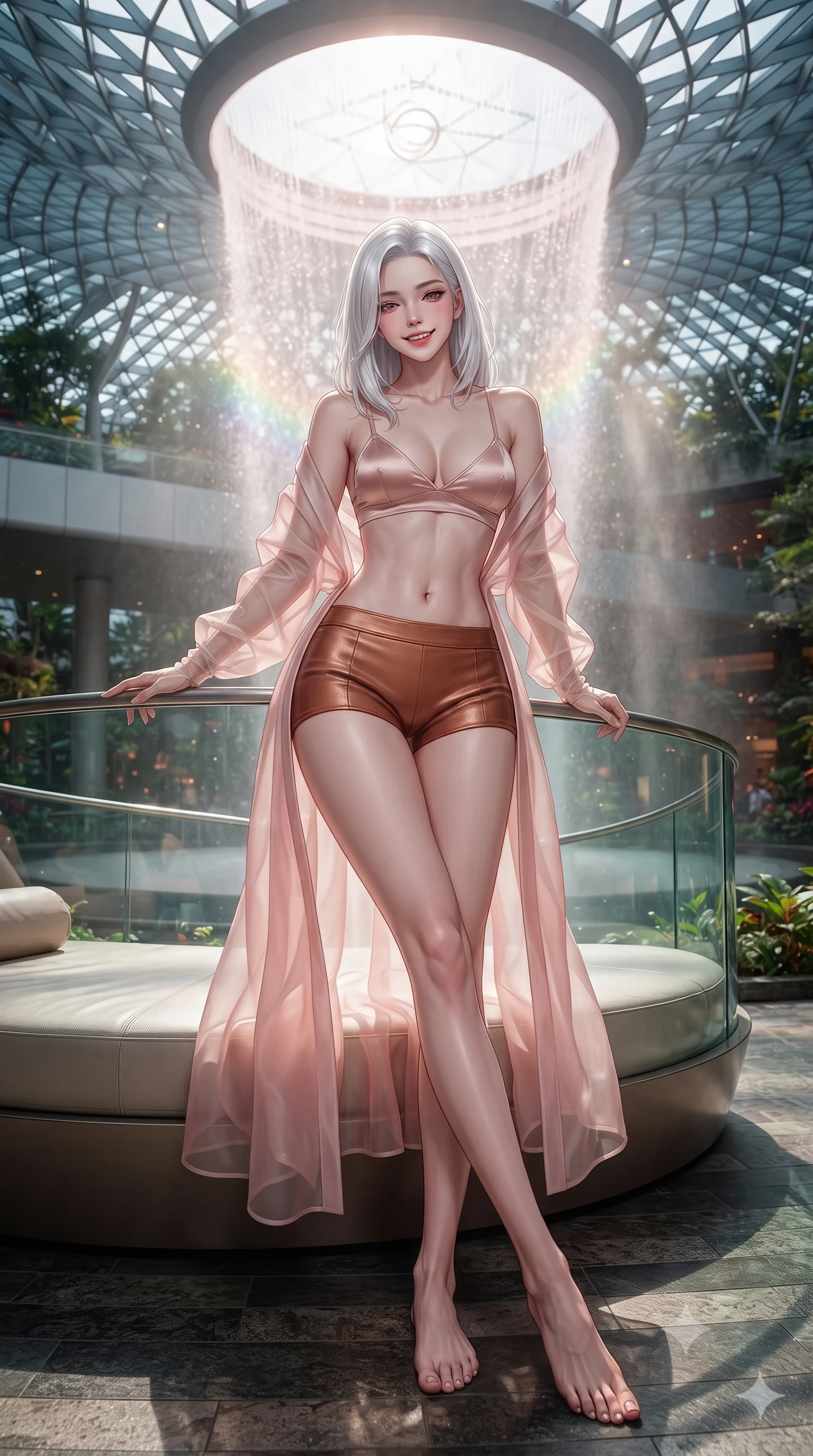 score_9, masterpiece, best quality, ultra-detailed, high-budget anime keyframe, editorial fashion photography, tasteful artistic composition, Korean woman. low angle full-body shot from head to toe showing her feet, filling the entire 9:16 vertical frame with her statuesque presence, stretching her vertical silhouette. lounging on the lavish daybed with legs crossed and hips angled toward the camera, displaying her toned midriff and long slender limbs with effortless siren poise while leaning against the curved glass balustrade with hips cocked back, looking through swirling illuminated waterfall mist with heavy-lidded bedroom-eyes. The surrounding environment is rendered in vivid detail and crisp panoramic clarity: detailed outfit texture, silhouette contours, and world-renowned airport architecture in high resolution. She has an exceptionally tall and slender model-like 8.5-heads proportion, an ultra-slim waist, a flat toned midriff, narrow delicate ribcage, and beautifully sculpted feminine hips creating a graceful, slim hourglass silhouette without any bulky heaviness, with impossibly long slender legs. sharp v-shaped jawline, high-bridge nose, intricate jewel-like sparkling eyes with depth, thick eyelashes, glossy parted lips with a natural peach sheen, bright cheerful beaming smile with an enchanting and coquettish sensual glint, exuding both youthful cute charm and seductive allure, flawlessly proportioned anatomical accuracy, strict slender model proportions, natural body alignment, perfectly sculpted long slender limbs, ultra-slim waistline, clean dynamic posture without body distortion. wearing a sheer silk organza modern caftan robe worn loose and slipping off bare shoulders over a matching satin bralette and micro-shorts in Grasse centifolia rose petal blush and burnished copper, woven from buttery-soft stretch lambskin leather adhering to her body like a second skin, complemented by sheer opera-length evening gloves tracing her slender arms, the glove-like clinging cut tightly following the natural contour of her hips and long slender legs with youthful 8.5-heads elegance. illuminated by waterfall spray specular bounce and sharp rainbow-platinum rim lights defining her dewy collarbones, ultra-slim waist, and curvy hips. ultra-reflective glossy finish, specular highlights, rich textural contrasts, high-contrast stereoscopic depth, volumetric dynamic lighting, 2k, ultra detail, master piece, 9:16 ratio