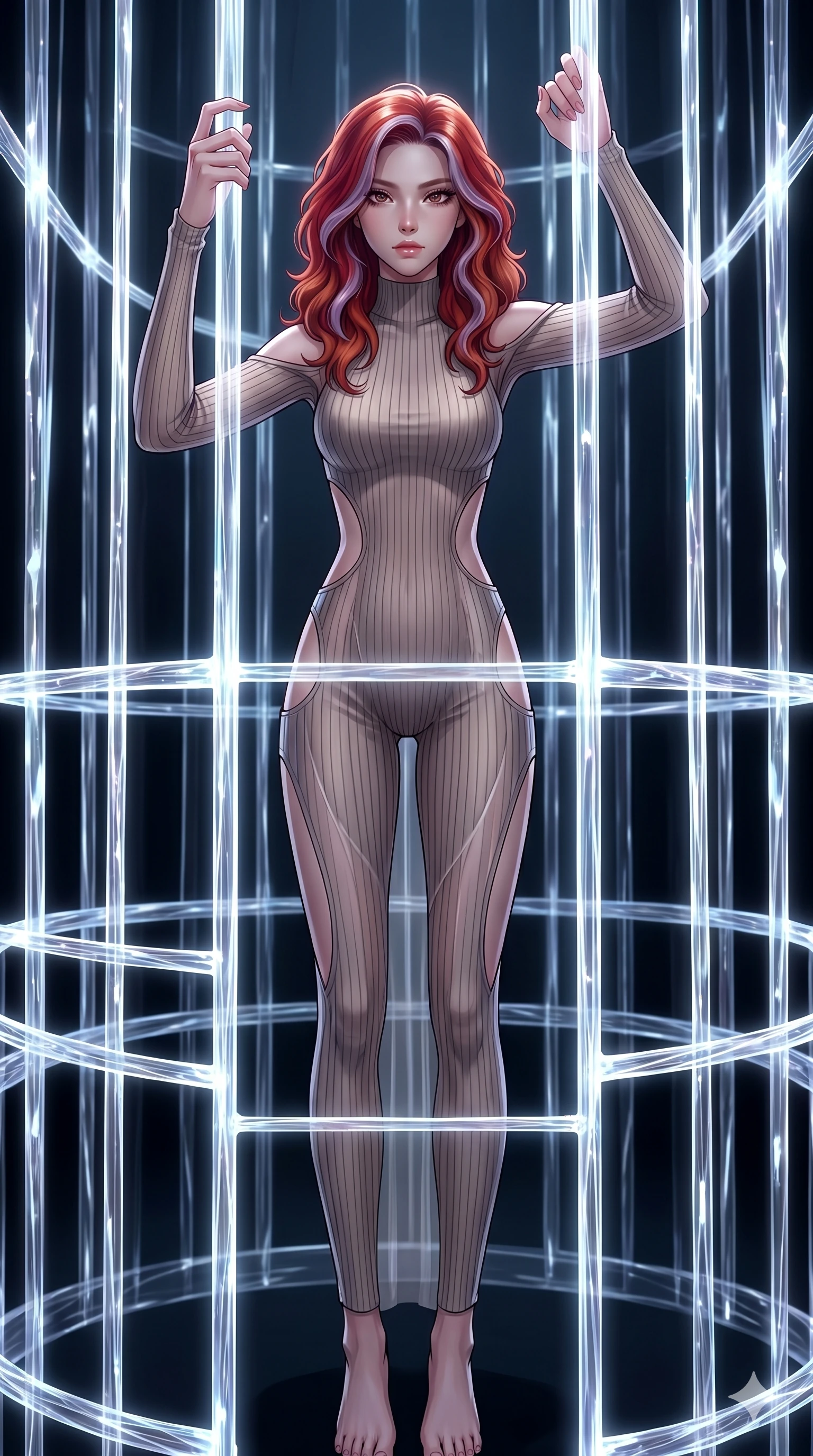 score_9, masterpiece, best quality, ultra-detailed, High-budget Anime Keyframe, East Asian woman. Dynamic full-body shot stretching the vertical silhouette to the limit. Scenario 82: Trapped in a cage of glowing crystalline fibers, body pressing against the bars. Her presence is magnetic and overpowering in this high-budget anime scene. Outfit 82: A ribbed bodycon knit second with a strategic side cut-outs and translucent layers. The clothing is designed to emphasize her exceptionally tall and slender 8-heads proportion. 8-heads proportion, towering silhouette, ultra-slim waist. sharp v-shaped jawline, intricate jewel-like eyes with depth, thick eyelashes, glossy lips. 2k, ultra detail, master piece, 9:16 ratio