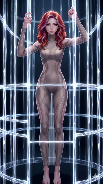 score_9, masterpiece, best quality, ultra-detailed, High-budget Anime Keyframe, East Asian woman. Dynamic full-body shot stretching the vertical silhouette to the limit. Scenario 82: Trapped in a cage of glowing crystalline fibers, body pressing agai