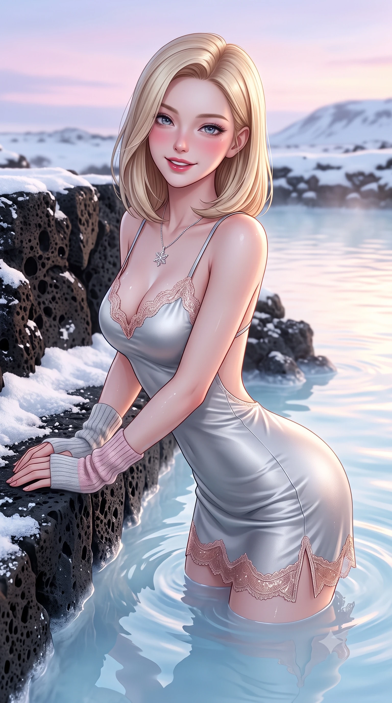 score_9, masterpiece, best quality, ultra-detailed, high-budget anime keyframe, semi-realistic 3D game render, editorial fashion photography, tasteful artistic composition, Korean woman. close-up cowboy shot from the waist and thighs up, the character dominates the composition, filling the frame with her large presence. leaning forward over the snow-dusted balustrade while arching her lower back to accentuate her curvy hips, looking into the camera with a radiant playful smile and seductive bedroom-eyes while twisting her slender torso in an alluring S-curve, milky-blue geothermal water lapping against her flat midriff and rounded feminine hips. The surrounding environment is rendered in vivid detail and crisp panoramic clarity. sharp porous black basalt rock texture, white silica mineral mud deposits, and silky cyan water ripple clarity in deep focus. She has an exceptionally elegant, slender, and willowy female figure with an ultra-slim waist, flat toned midriff, narrow ribcage, and sculpted feminine hips creating an alluring, slim hourglass silhouette without bulk. sharp v-shaped jawline, high-bridge nose, sparkling ice-crystal eyes with depth, frosty thick lashes, glossy parted lips with a rosy berry sheen, bright playful smile with an intoxicating seductive glint, rosy flushed cheeks radiating cozy warmth and dangerous allure, flawlessly proportioned anatomical accuracy, strict slender model proportions, natural body alignment, perfectly sculpted long slender limbs, ultra-slim waistline, clean dynamic posture without body distortion. wearing a strappy silver silk slip dress with delicate lace scallop edging along the neckline and hem in soft blush pink and rose-gold metallic shimmer, made of supple second-skin thermal stretch jersey clinging flawlessly to her form, featuring elegant fingerless knit wrist warmers and a dainty silver snowflake pendant, the precision-cut side openings and low-back scoop framing her graceful spine and the sensual sweep of her slim, toned hips. bathed in soft ethereal Nordic pastel twilight and warm geothermal water illumination. highly saturated vibrant anime colors, detailed shading with soft gradients, rich glossy textures, high-contrast stereoscopic depth, volumetric dynamic lighting, master piece, 9:16 ratio