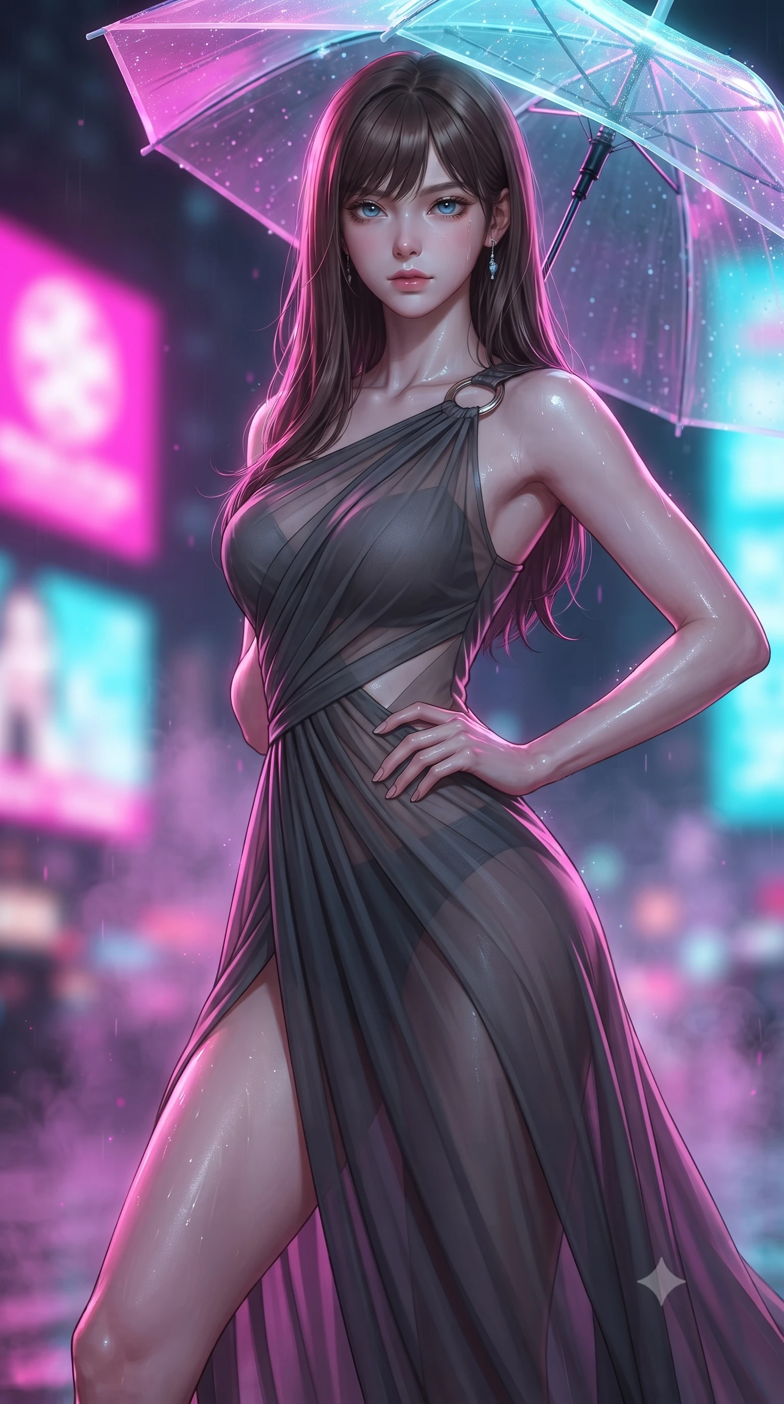 score_9, masterpiece, best quality, ultra-detailed, high-budget anime keyframe, editorial fashion photography, tasteful artistic composition, Korean woman. close-up cowboy shot from the waist and thighs up, the character dominates the composition, filling the frame with her large presence, background elements kept in soft focus. Holding a powerful dynamic pose with one hand on her hip and body angled dramatically toward the key light while holding a glowing translucent umbrella under vibrant magenta and cyan billboards, soft urban mist scattering vibrant magenta and cyan neon rim light around her form. She has an exceptionally elegant, slender, and willowy female figure with an ultra-slim waist, a gracefully sculpted slender torso, and a refined silhouette. sharp v-shaped jawline, high-bridge nose, intricate jewel-like eyes with depth, thick eyelashes, glossy lips with a natural sheen, flawlessly proportioned anatomical accuracy, natural body alignment, perfectly sculpted elegant limbs, clean dynamic posture without body distortion. wearing an asymmetrical Grecian draped chiffon gown with a metallic shoulder ring in charcoal grey and platinum, woven from fine semi-opaque sheer organza, featuring subtle geometric cutouts that highlight her ultra-slim midriff, the sleek second-skin texture accentuating her magnetic presence. drenched in wet neon reflections with brilliant specular highlights on her silhouette. ultra-reflective glossy finish, specular highlights, metallic sheen, high-contrast stereoscopic depth, volumetric dynamic lighting, 2k, ultra detail, master piece, 9:16 ratio