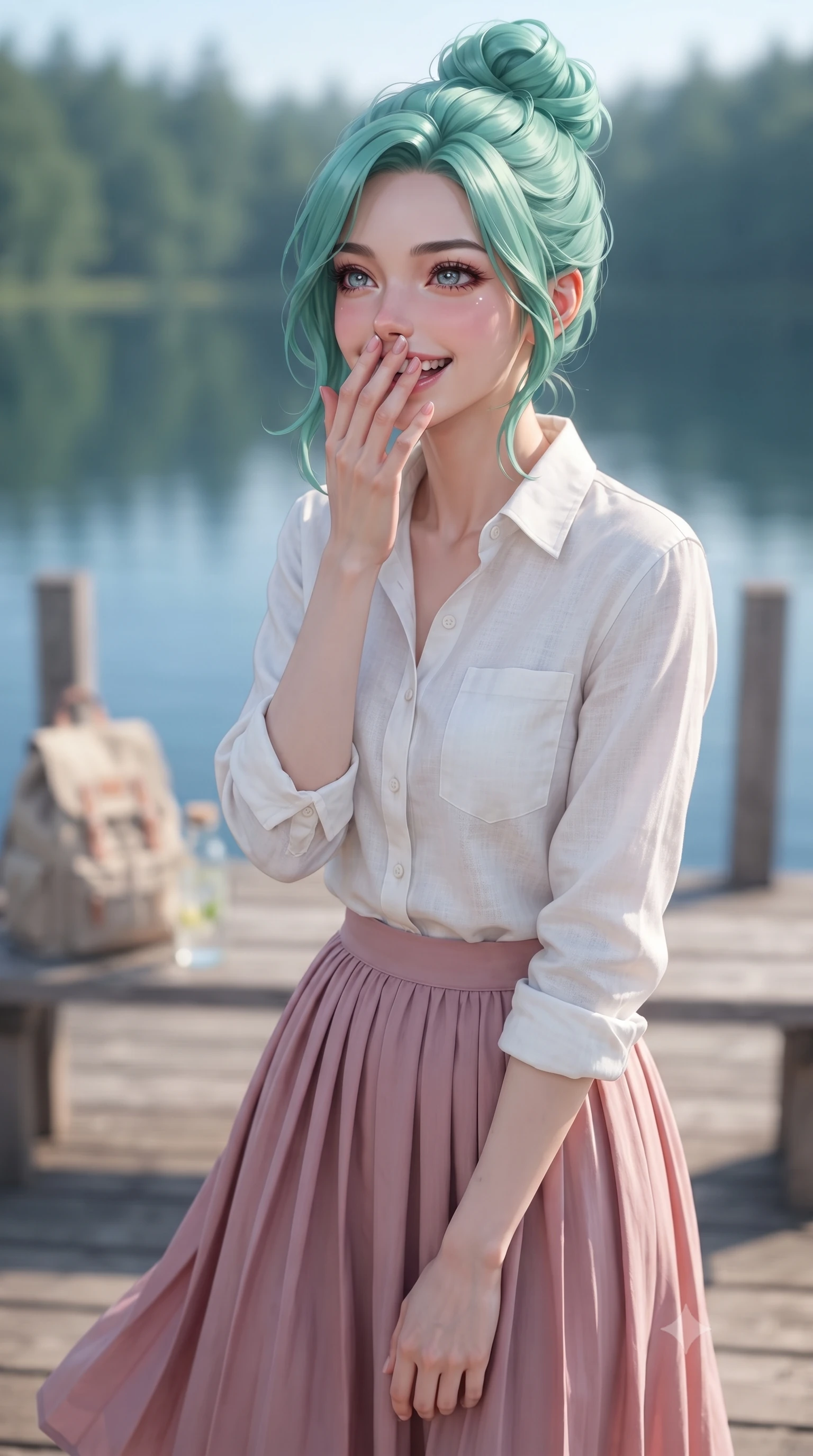 score_9, masterpiece, best quality, ultra-detailed, high-budget anime keyframe, editorial fashion photography, tasteful artistic composition, Japanese woman. close-up cowboy shot from the waist and thighs up, the character dominates the composition, filling the frame with her large presence, background elements kept in soft focus. giggling cutely behind her hand, her eyes sparkling with joy and bright energy set against a soft-focus background of on a quiet wooden pier extending into a calm, blue forest lake with a cute canvas backpack and a bottle of fruit water on the bench. She has an exceptionally elegant, slender, and willowy female figure with an ultra-slim waist, a gracefully sculpted slender torso, and a refined silhouette. sharp v-shaped jawline, high-bridge nose, intricate jewel-like eyes with depth, thick eyelashes, glossy lips with a natural sheen. wearing slim-fit casual linen button-down shirt in white, paired with a flowy pleated skirt in dusty pink. soft afternoon sunbeams creating a peaceful, quiet country atmosphere. ultra-reflective glossy finish, specular highlights, metallic sheen, high-contrast stereoscopic depth, volumetric dynamic lighting, 2k, ultra detail, master piece, 9:16 ratio