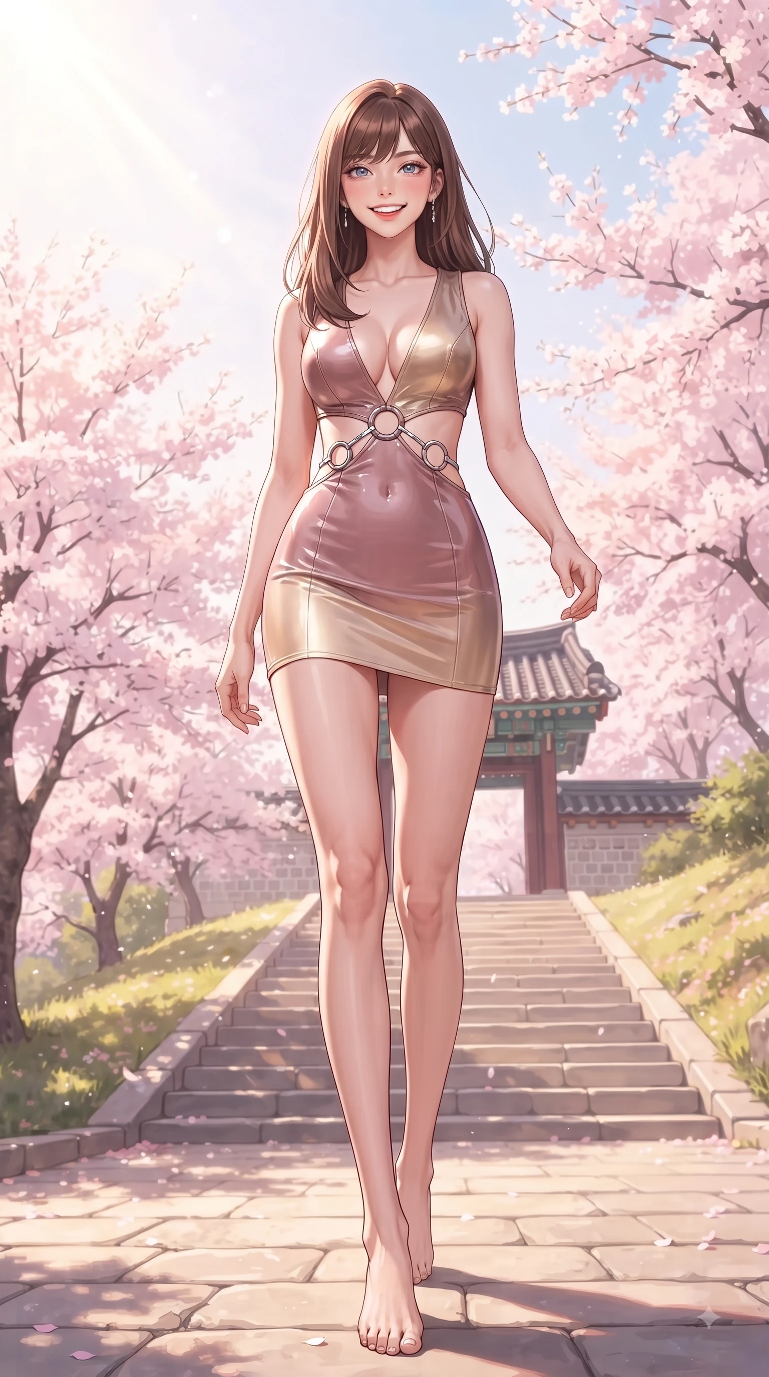 score_9, masterpiece, best quality, ultra-detailed, high-budget anime keyframe, editorial fashion photography, tasteful artistic composition, Korean woman. low angle full-body shot from head to toe showing her feet, filling the entire 9:16 vertical frame with her statuesque presence, stretching her vertical silhouette. stepping forward in a proud dynamic stride with a cheerful beaming smile, her vertical silhouette filling the frame while walking up a sunlit hill path lined with blooming cherry trees toward a traditional academy gate, bright spring sunbeams illuminating the scene in soft pastel pink and gold tones. She has an absolutely perfect, statuesque 8.5-heads proportion, an exceptionally tall and slender model-like female figure with impossibly long slender legs and an ultra-slim waist. sharp v-shaped jawline, high-bridge nose, intricate jewel-like eyes with depth, thick eyelashes, glossy lips with a natural sheen, flawlessly proportioned anatomical accuracy, natural body alignment, perfectly sculpted elegant limbs, clean dynamic posture without body distortion. wearing a liquid mercury gloss mini dress with ultra-deep V-neck and waist cutouts in dusty rose and champagne gold, tailored from high-gloss patent leather, accented with delicate chrome ring hardware framing her waist, the form-contouring material highlighting her ultra-slim waist and long lines. surrounded by a fresh, sweet, and nostalgic spring school atmosphere. ultra-reflective glossy finish, specular highlights, metallic sheen, high-contrast stereoscopic depth, volumetric dynamic lighting, 2k, ultra detail, master piece, 9:16 ratio