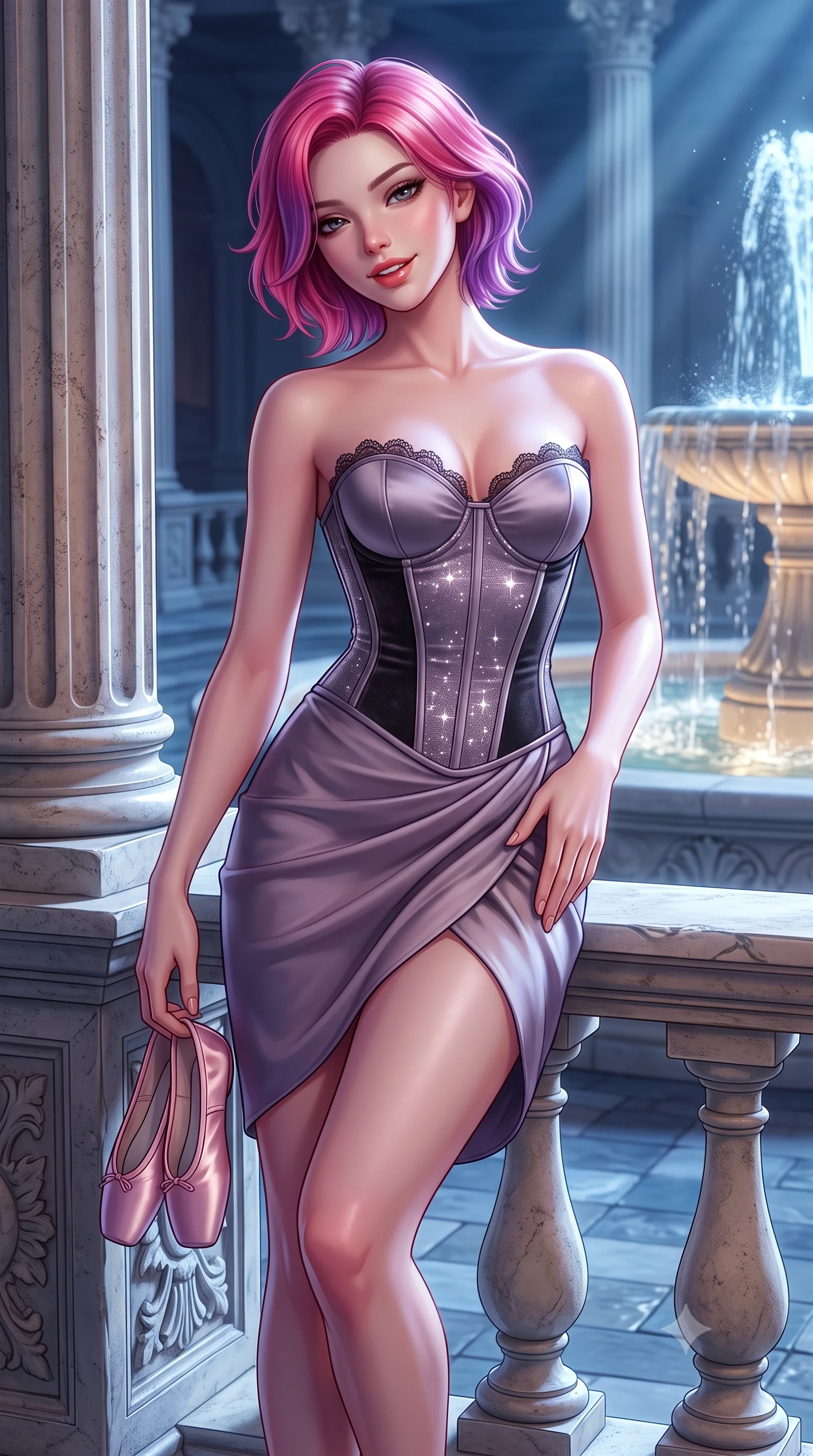 score_9, masterpiece, best quality, ultra-detailed, high-budget anime keyframe, semi-realistic 3D game render, editorial fashion photography, tasteful artistic composition, Caucasian woman. close-up cowboy shot from the waist and thighs up, the character dominates the composition, filling the frame with her large presence. tilting her head with a teasing half-smile, running one hand slowly down the side of her hip in a flirtatious S-curve as ambient light caresses her silhouette while lounging on the stone balustrade with one knee bent, holding her satin ballet shoes with an enchanting, parted-lip smile. The surrounding environment is rendered in vivid detail and crisp panoramic clarity: sharp fluted limestone column texture, stone balustrade relief, and fountain water spray mist clarity in deep focus. She has an exceptionally elegant, slender, and willowy female figure with an ultra-slim waist, flat toned midriff, narrow ribcage, and sculpted feminine hips creating an alluring, slim hourglass silhouette without bulk. sharp v-shaped jawline, high-bridge nose, sparkling eyes with hypnotic seductive depth, thick curled eyelashes, glossy parted lips with a natural dewy peach sheen, alluring bedroom-eyes with an enchanting coquettish smile, exuding magnetic siren charisma and sophisticated glamour, flawlessly proportioned anatomical accuracy, strict slender model proportions, natural body alignment, perfectly sculpted long slender limbs, ultra-slim waistline, clean dynamic posture without body distortion. wearing a strapless boned satin corset bodice paired with a draped tulip ballet wrap skirt framing her hourglass curves in dusky lavender mist and dark charcoal velvet, woven from stretch metallic lurex jersey casting radiant starlight glints across her silhouette, finished with scalloped eyelash lace trim framing her sweetheart neckline with intimate elegance, the second-skin tailored fabric adhering flawlessly to her sculpted flat midriff and slender torso, emphasizing her long leg lines and perfectly proportioned willowy build. bathed in cool celestial moonlight streaming across the palace plaza paired with warm fountain spotlight fill. highly saturated vibrant anime colors, detailed shading with soft gradients, rich glossy textures, high-contrast stereoscopic depth, volumetric dynamic lighting, master piece, 9:16 ratio